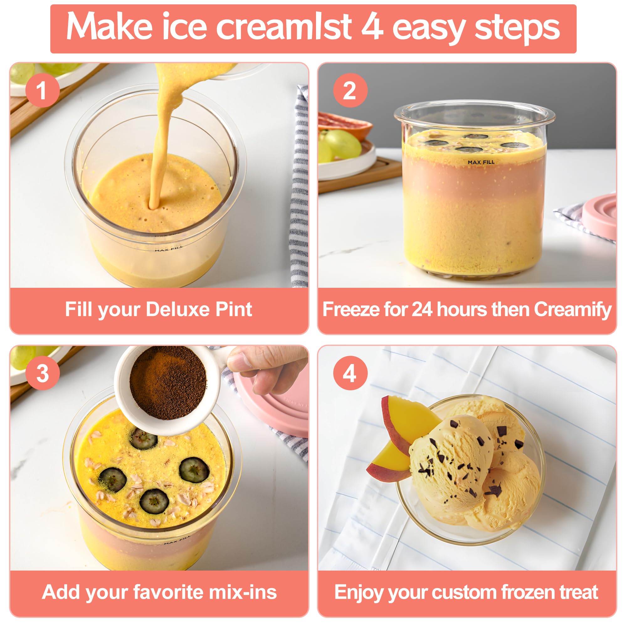 Containers Replacement for Ninja Creami Pints and Lids - 4 Pack, 16oz Cup Compatible with NC301 NC300 NC299AMZ Series Ice Cream Maker, BPA Free Dishwasher Safe Leak Proof