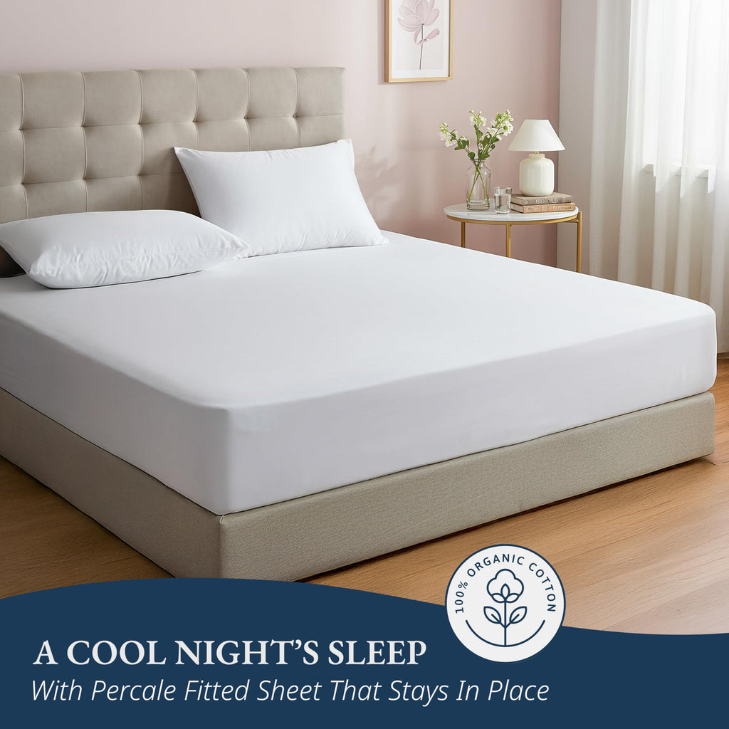 Lane Linen Double Fitted Sheet, 100% Organic Cotton, Percale, Soft and Breathable, 3-Piece Full Size Bottom Sheet with 2 Pillowcases, 15" Deep Pocket & All-Around Elastic - White