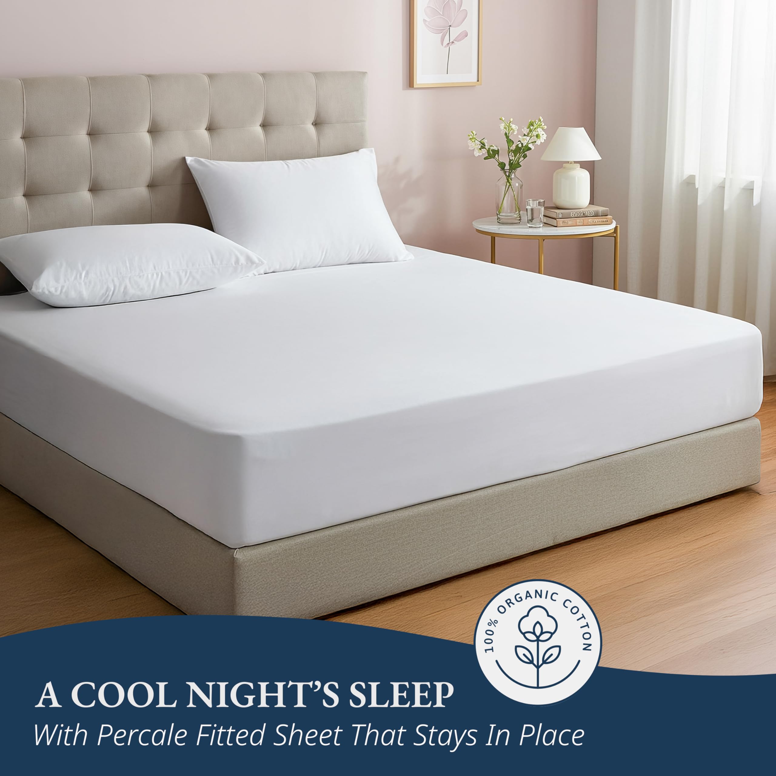 Lane Linen Double Fitted Sheet, 100% Organic Cotton, Percale, Soft and Breathable, 3-Piece Full Size Bottom Sheet with 2 Pillowcases, 15" Deep Pocket & All-Around Elastic - White
