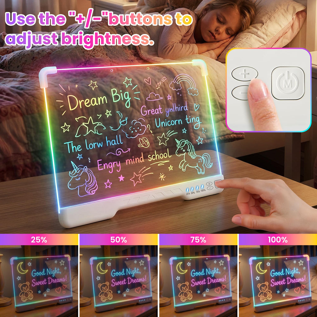 Rechargeable LED Drawing Board, 16-Inch Acrylic Dry Erase Board, Supports 7 Colors and 4 Modes, Includes 7 Pens and Tracing Book, Glow Doodle Message Pad, Night Writing Note Board with Soft Cloth
