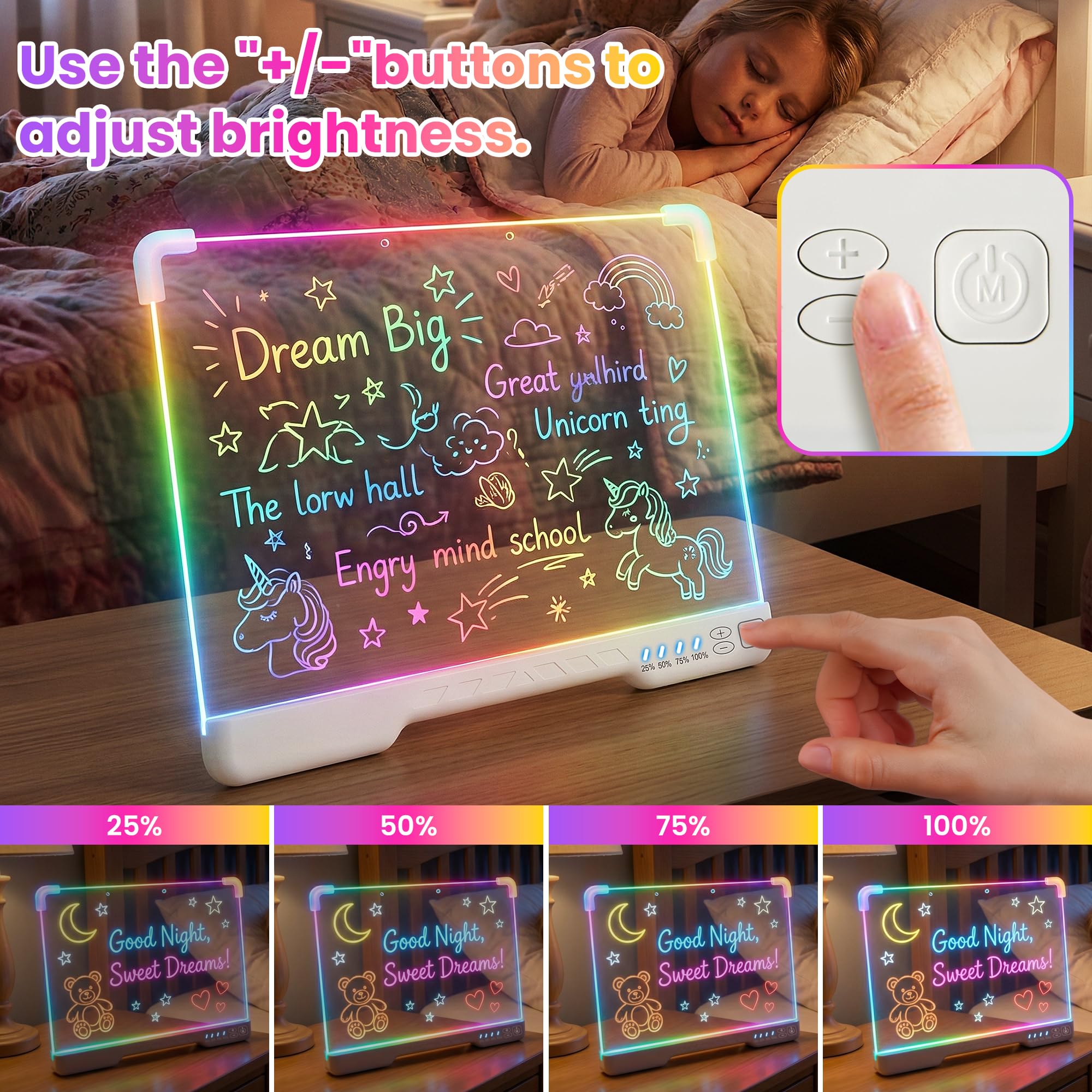 Rechargeable LED Drawing Board, 16-Inch Acrylic Dry Erase Board, Supports 7 Colors and 4 Modes, Includes 7 Pens and Tracing Book, Glow Doodle Message Pad, Night Writing Note Board with Soft Cloth