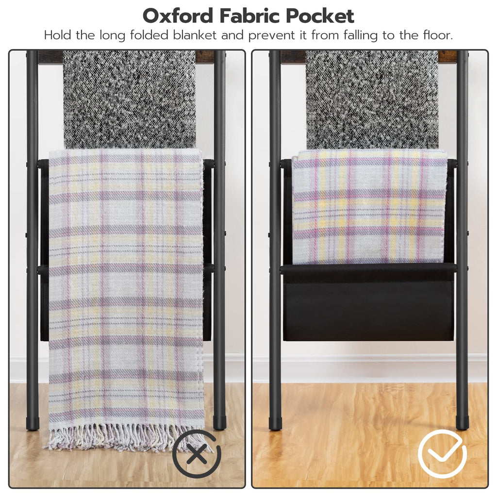 HOOBRO Blanket Ladder, 5 Tier Ladder Shelf, Wall-Leaning Blanket Rack with 4 Removable Hooks and Storage Pocket, Towel Drying and Display Rack for Bathroom, Bedroom, Rustic Brown BF32CJ01