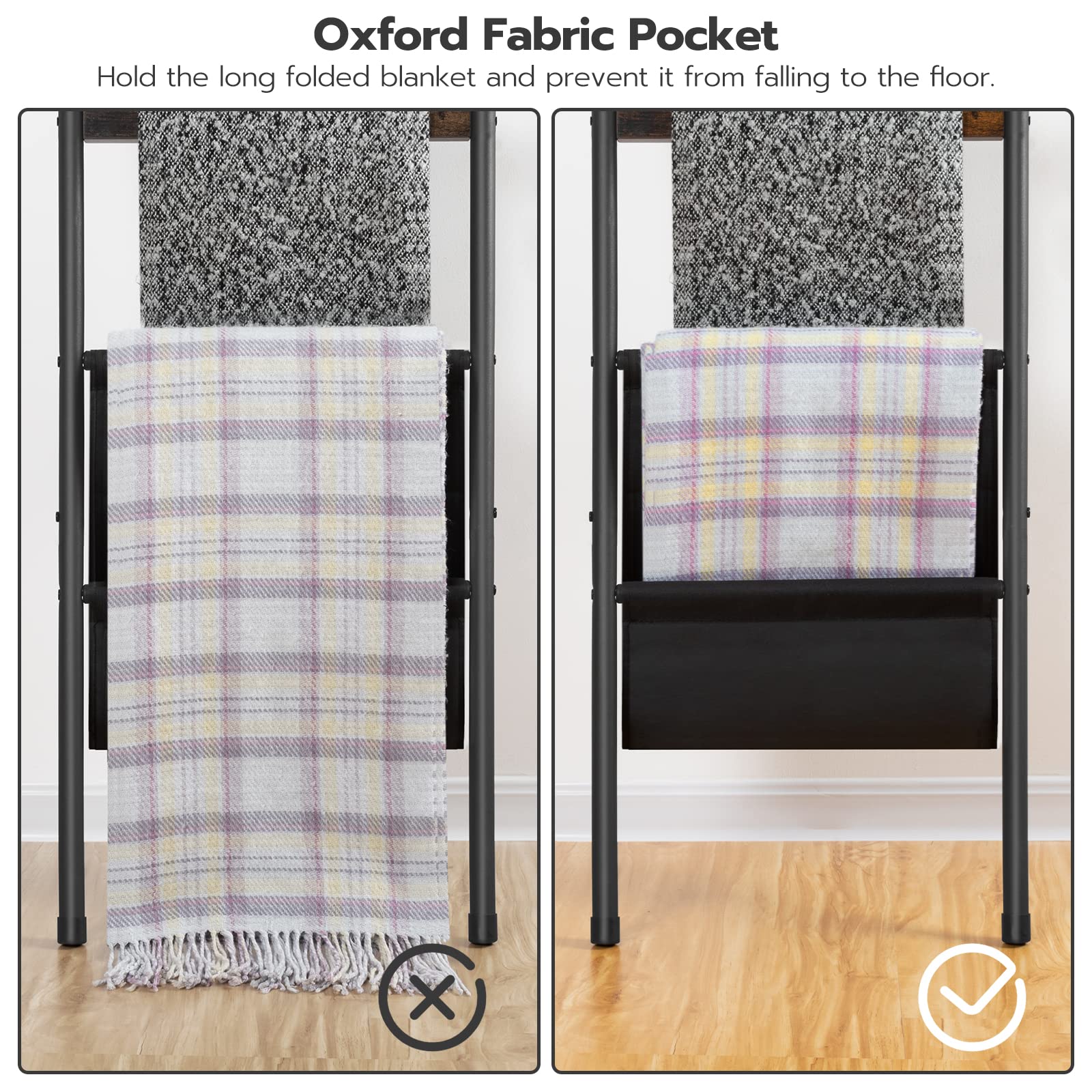 HOOBRO Blanket Ladder, 5 Tier Ladder Shelf, Wall-Leaning Blanket Rack with 4 Removable Hooks and Storage Pocket, Towel Drying and Display Rack for Bathroom, Bedroom, Rustic Brown BF32CJ01