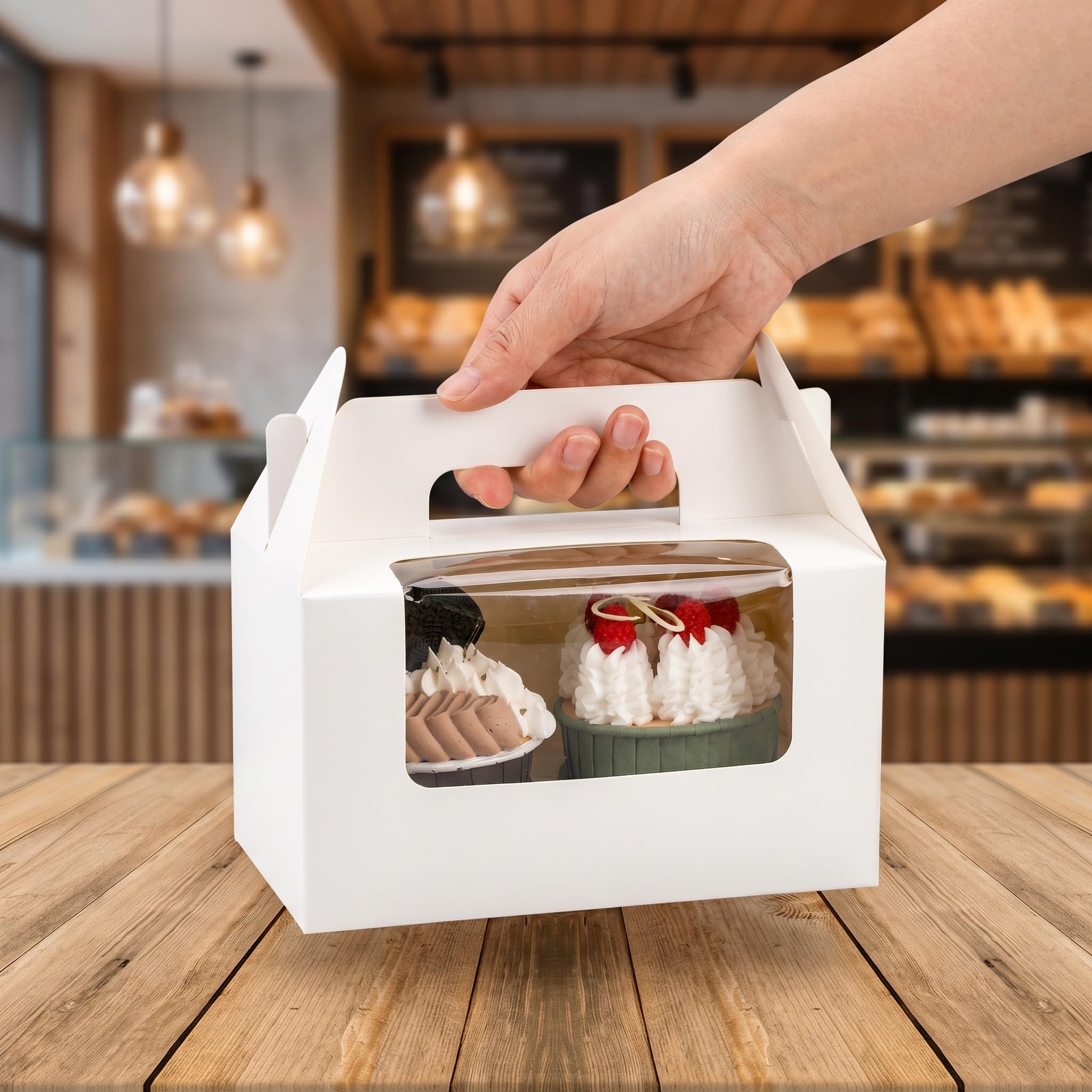 Jucoan 60 Pack 2 Count White Paper Cupcake Boxes with Insert, Handle and Window, Portable Cupcake Muffin Containers, Gable Bakery Gift Boxes Party Favor Treat Boxes for Wedding Birthday Baby Shower