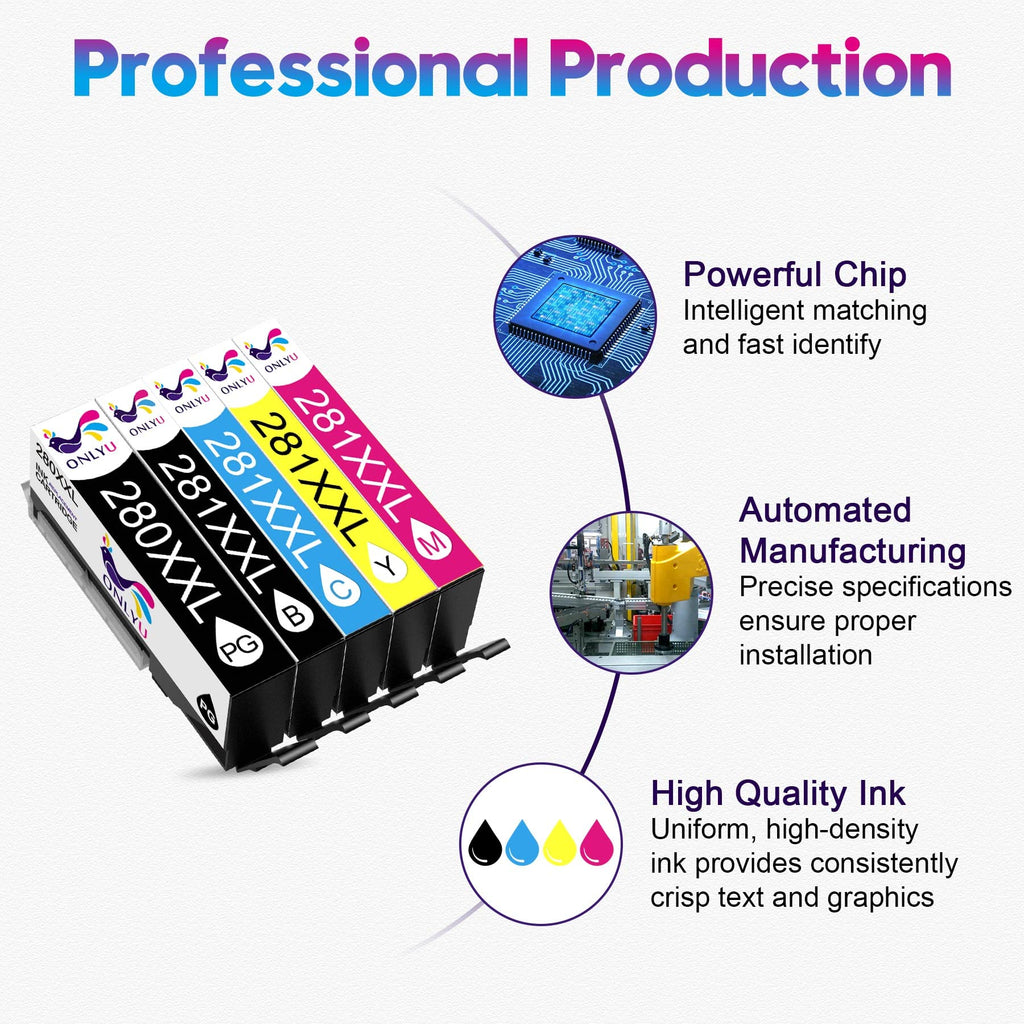 ONLYU 280XXL 281XXL Compatible for Canon Ink 280 and 281 Cartridges PGI-280XXL CLI-281XXL for Canon TR8520 Ink Cartridges for Pixma TR8620 TR8620a TS7620 TR7520 TS6120 TS6220 TS8220 TS9520 (5 Packs)