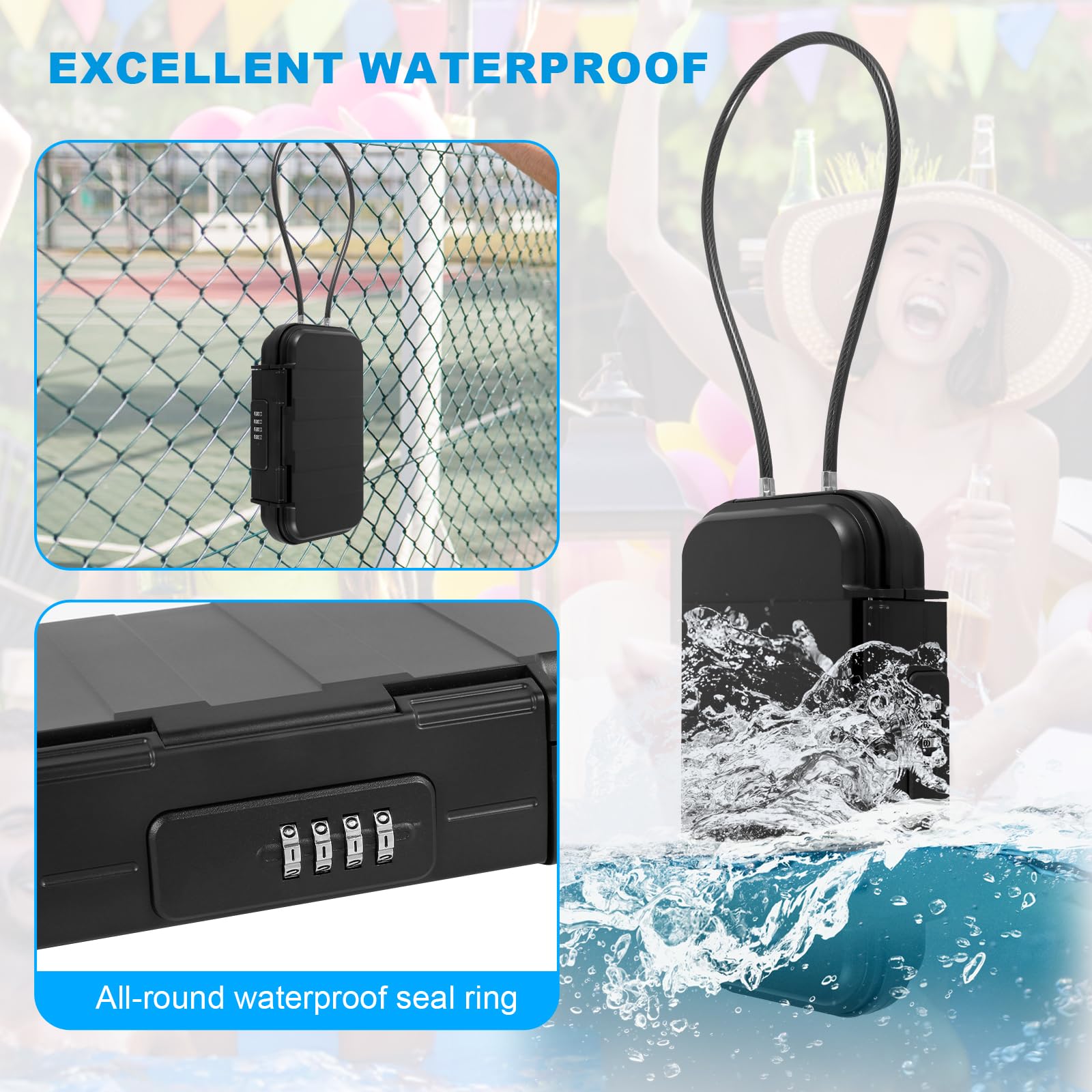 Travel Safe Portable Small Beach Safe Box with 4 Digital Combination Waterproof Security Case Lock Case with Removable Wire Rope Safety Box for Home Office Hotel Cars Travel