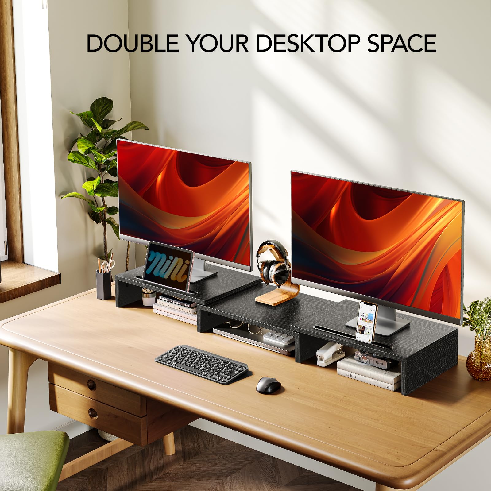 AMERIERGO Dual Monitor Stand -Adjustable Length and Angle, Dual Monitor Riser, Computer Monitor Stand w/2 Slot, Desktop Organizer, Monitor Stand Riser for PC, Computer, Laptop (Black)