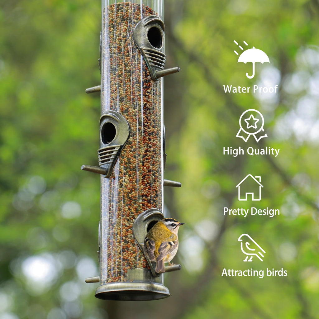 MIXXIDEA Metal Bird Feeder with 6 Feeding Ports, Bird Feeders for Outdoor Hanging, 16 inch Tube Bird Feeder with Steel Hanger & Hard Plastic, Attracting for Wild Birds (Bronze)