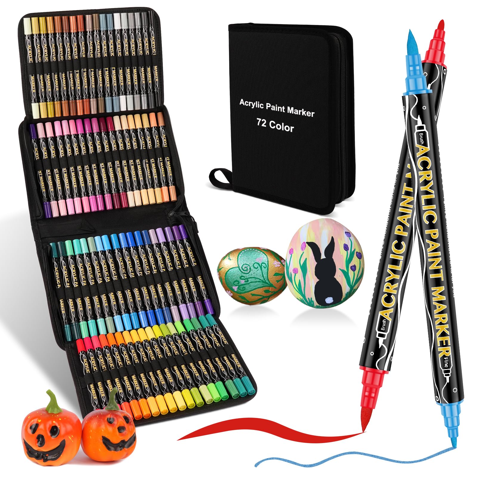 72 Colors Acrylic Paint Pens,Dual Tip Acrylic Paint Markers,Includes 12 Metallic Brush Tip Paint Markers For Rock Painting,Plastic,Canvas Easter Eggs Diy Crafts Art Supplies Easter Basket Stuffers