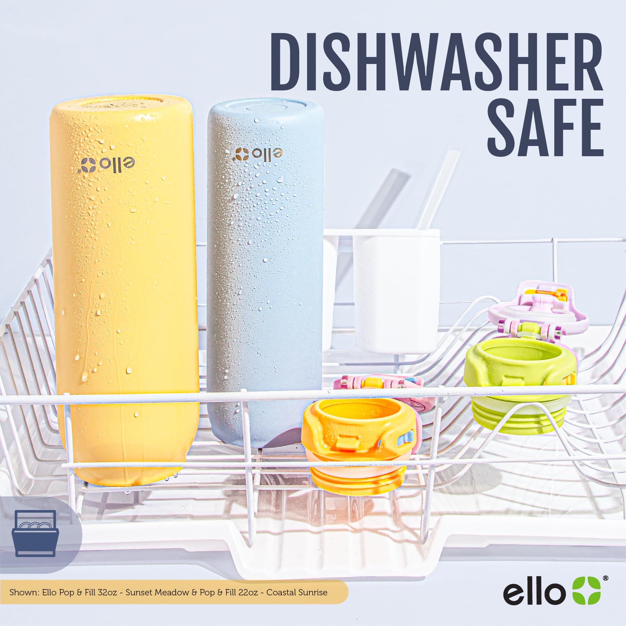 Ello Pop & Fill 32oz Stainless Steel Water Bottle with QuickFill Technology, Double Walled and Vacuum Insulated Metal, Leak Proof Locking Lid, Straw and Chug, Reusable, BPA Free, Gloss Daisies