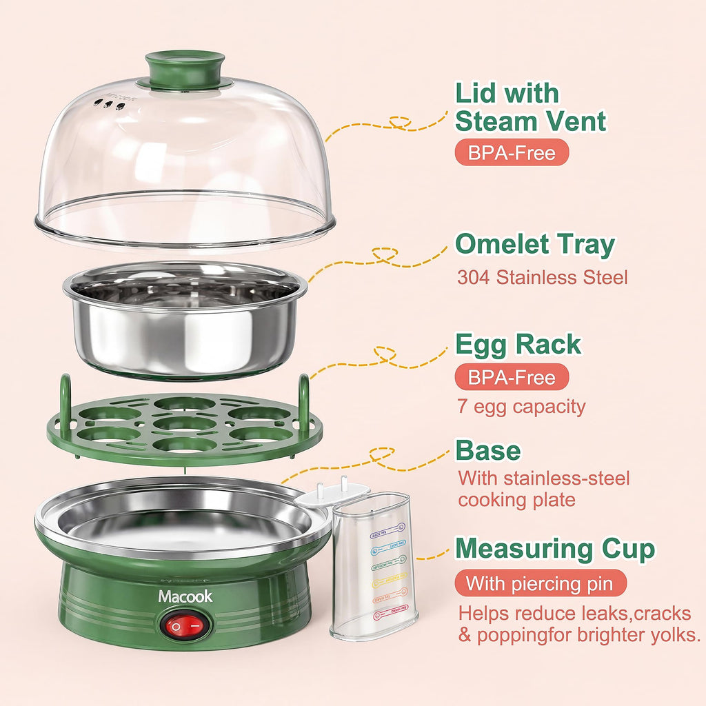 Macook Electric Egg Cooker and Boiler, 7-Egg Capacity Steamer, Fast Heating, for Hard, Soft, Medium Boiled Eggs, with 304 Stainless Steel Tray, BPA-Free, Green
