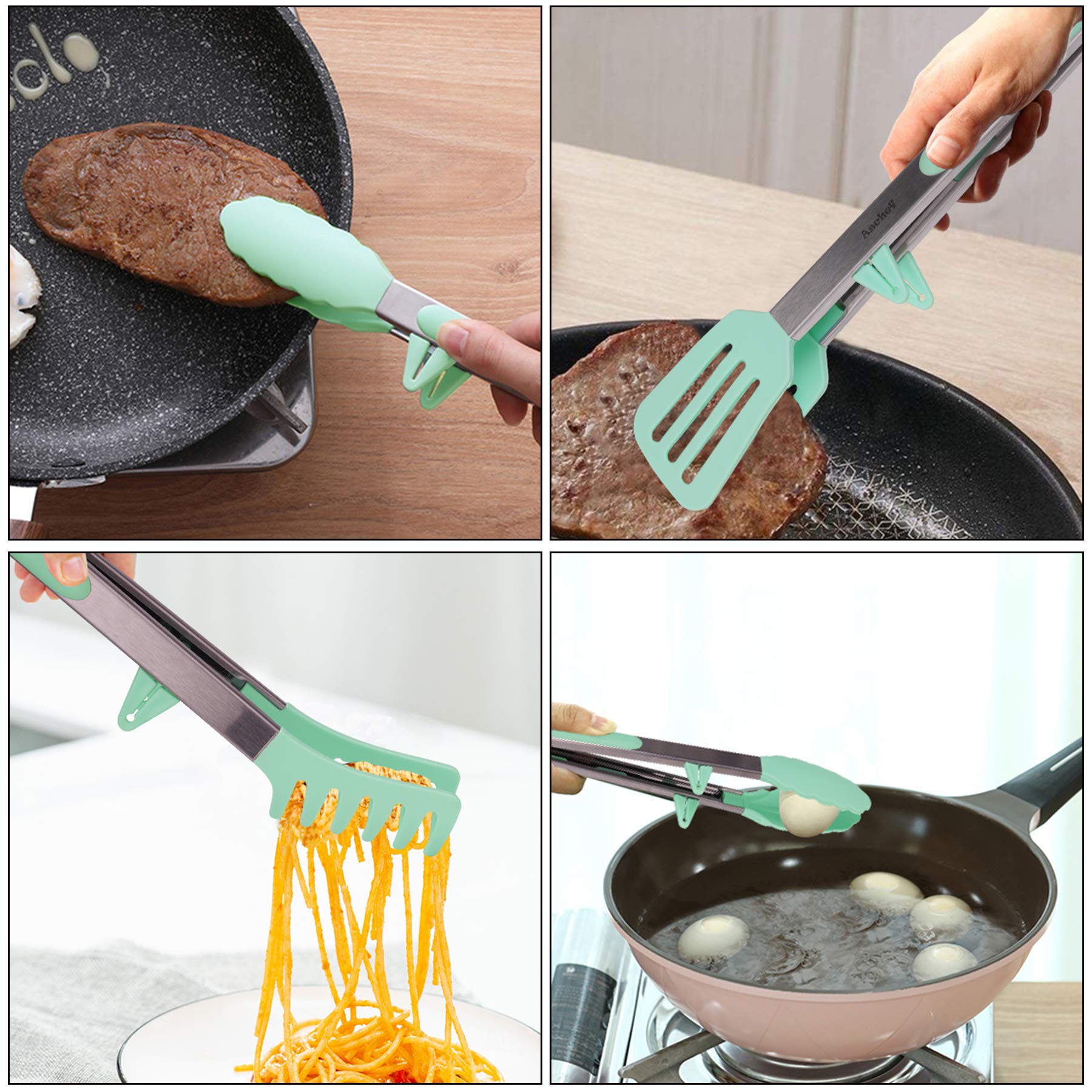 4in1 Stainless Steel Kitchen Food Tongs Set for Cooking with Silicone Tips, Toaster Steak Pie Pizza Pasta Spaghetti Noodles Salad Fruit Vegetable Grill BBQ Buffet Clamp Serving Tools Gadgets