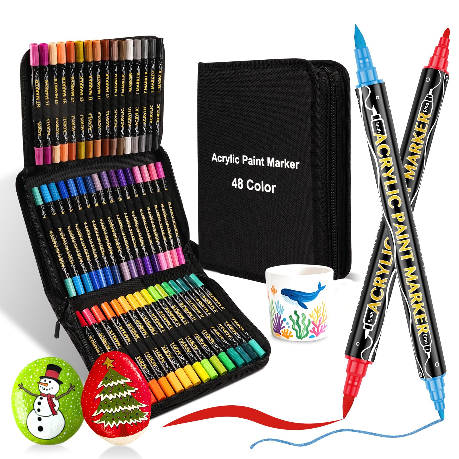 48 Colors Acrylic Paint Pens,Dual Tip Acrylic Paint Markers,Includes 12 Metallic Brush Tip Acrylic Paint Markers For Rock Painting,Plastic,Easter Eggs Diy Crafts Art Supplies Easter Basket Stuffers ﻿