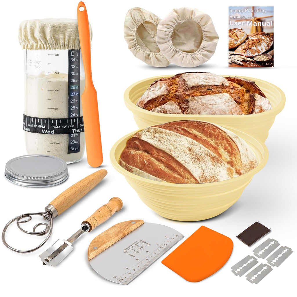 Sourdough Bread Starter Kit with 2 Silicone Proofing Baskets – Complete Sourdough Tools & Bread Making Accessories Set with 34oz Starter Jar, Dough Whisk, Scrapers, Bread Lame & More
