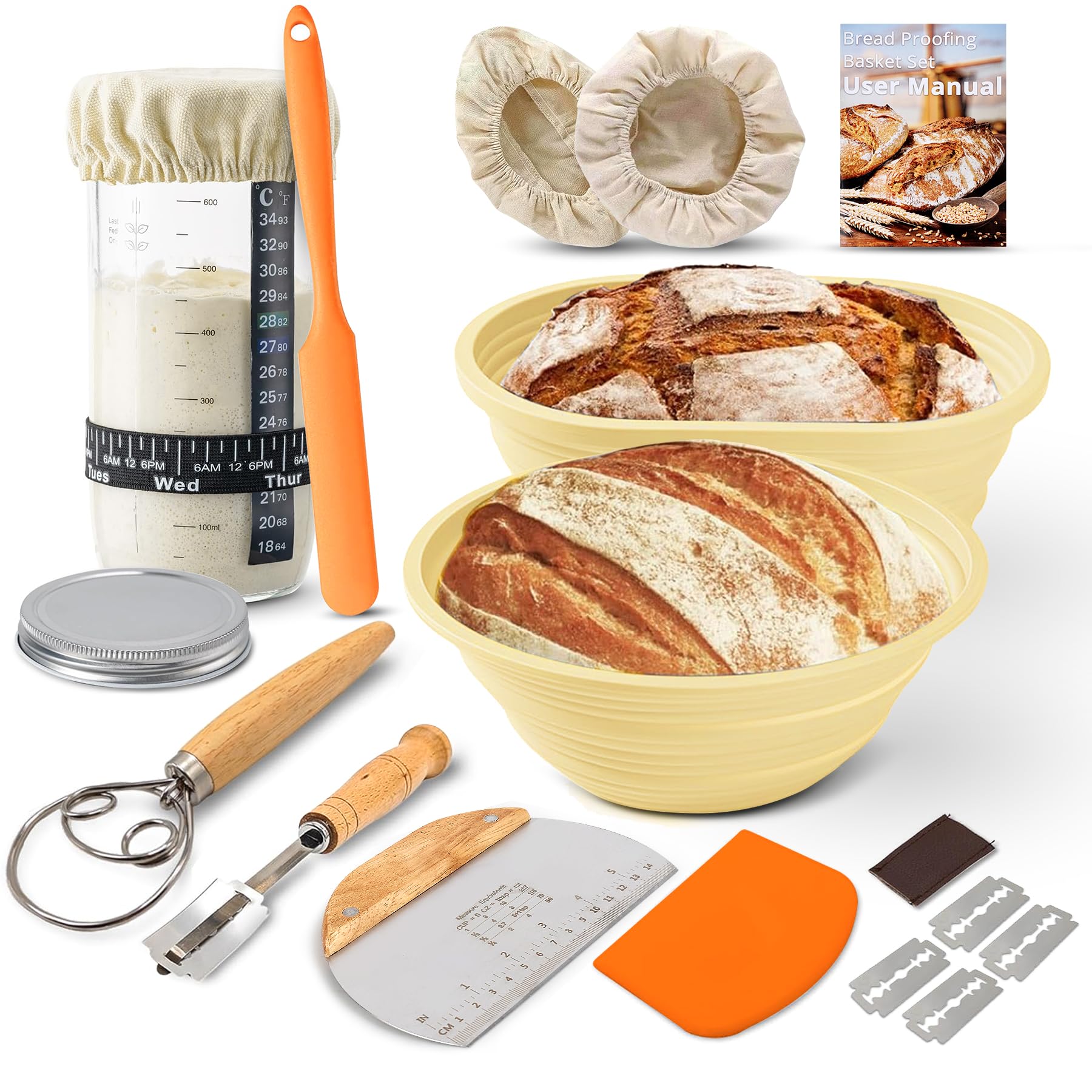 Sourdough Bread Starter Kit with 2 Silicone Proofing Baskets – Complete Sourdough Tools & Bread Making Accessories Set with 34oz Starter Jar, Dough Whisk, Scrapers, Bread Lame & More
