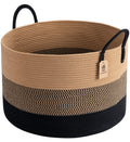 Goodpick XXXLarge Cotton Rope Basket, 21" x 14", Woven Blanket Storage Basket for Living Room Laundry Basket for Pillows Toys Clothes Hamper Wicker Basket with Handles, Black Jute Stripes