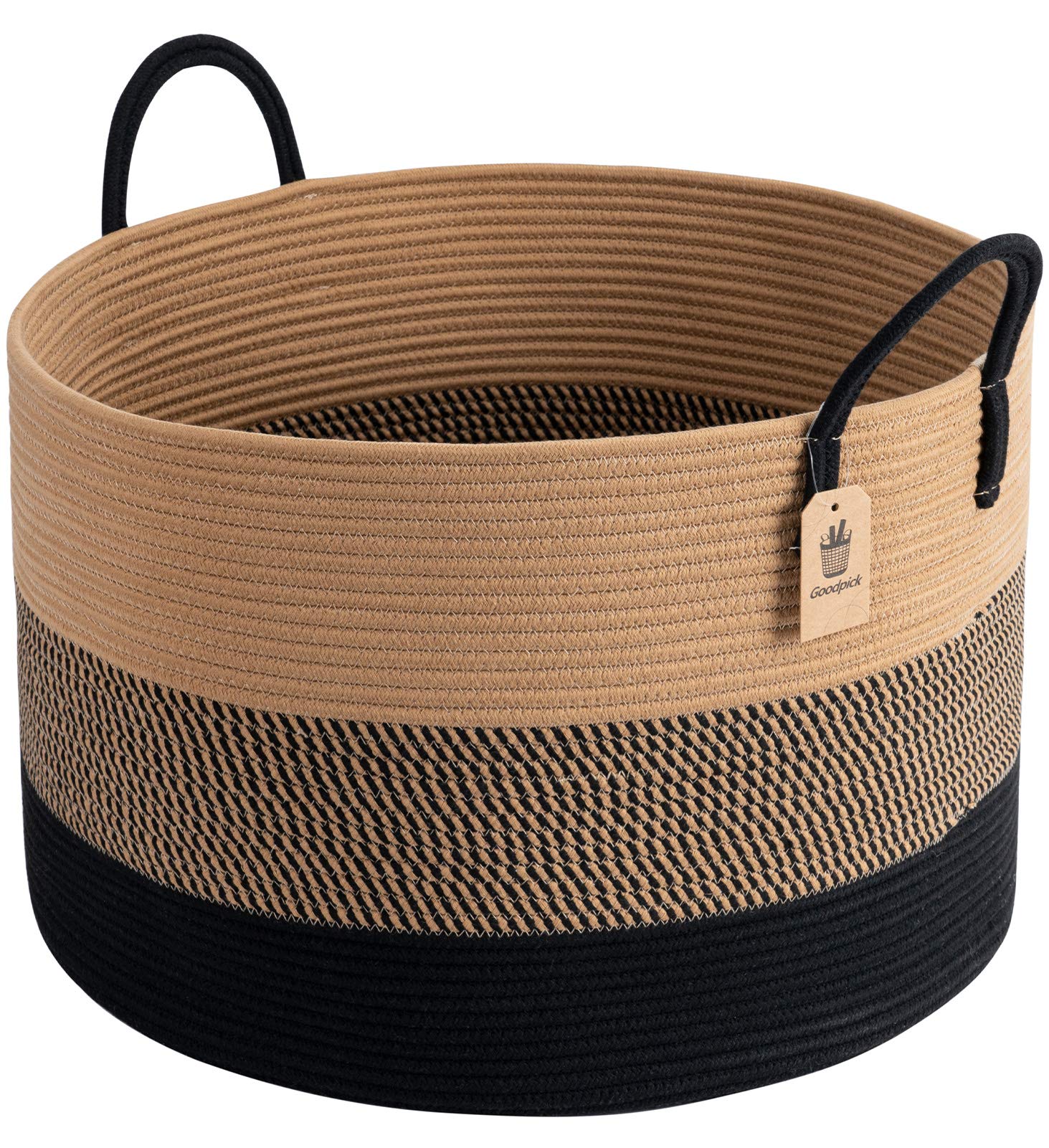 Goodpick XXXLarge Cotton Rope Basket, 21" x 14", Woven Blanket Storage Basket for Living Room Laundry Basket for Pillows Toys Clothes Hamper Wicker Basket with Handles, Black Jute Stripes