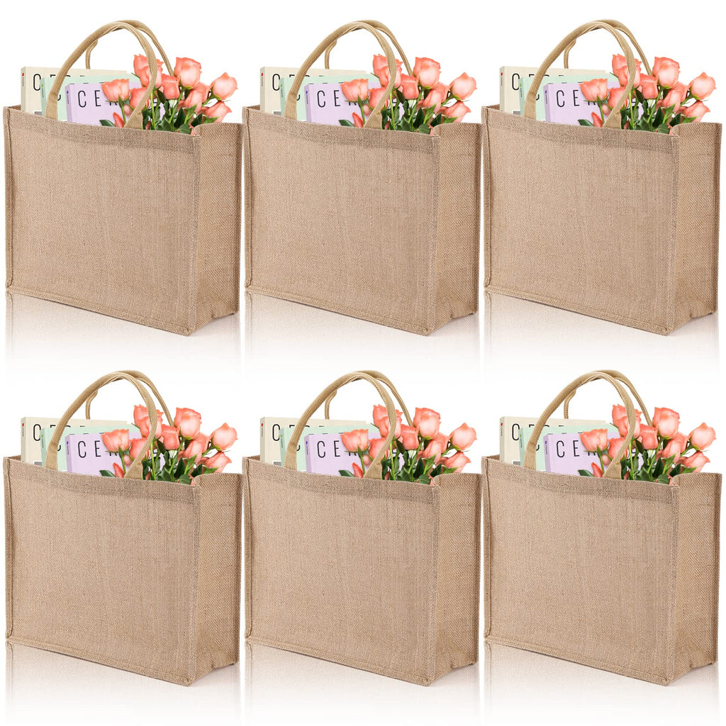 DEAYOU 6 Pack Large Jute Burlap Tote Bag, Jute Beach Bag with Laminated Interior, Burlap Gift Tote with Handle, Reusable Lined Market Grocery Shopping Bag for DIY, Wedding,15.4''x12.2''x5.9''
