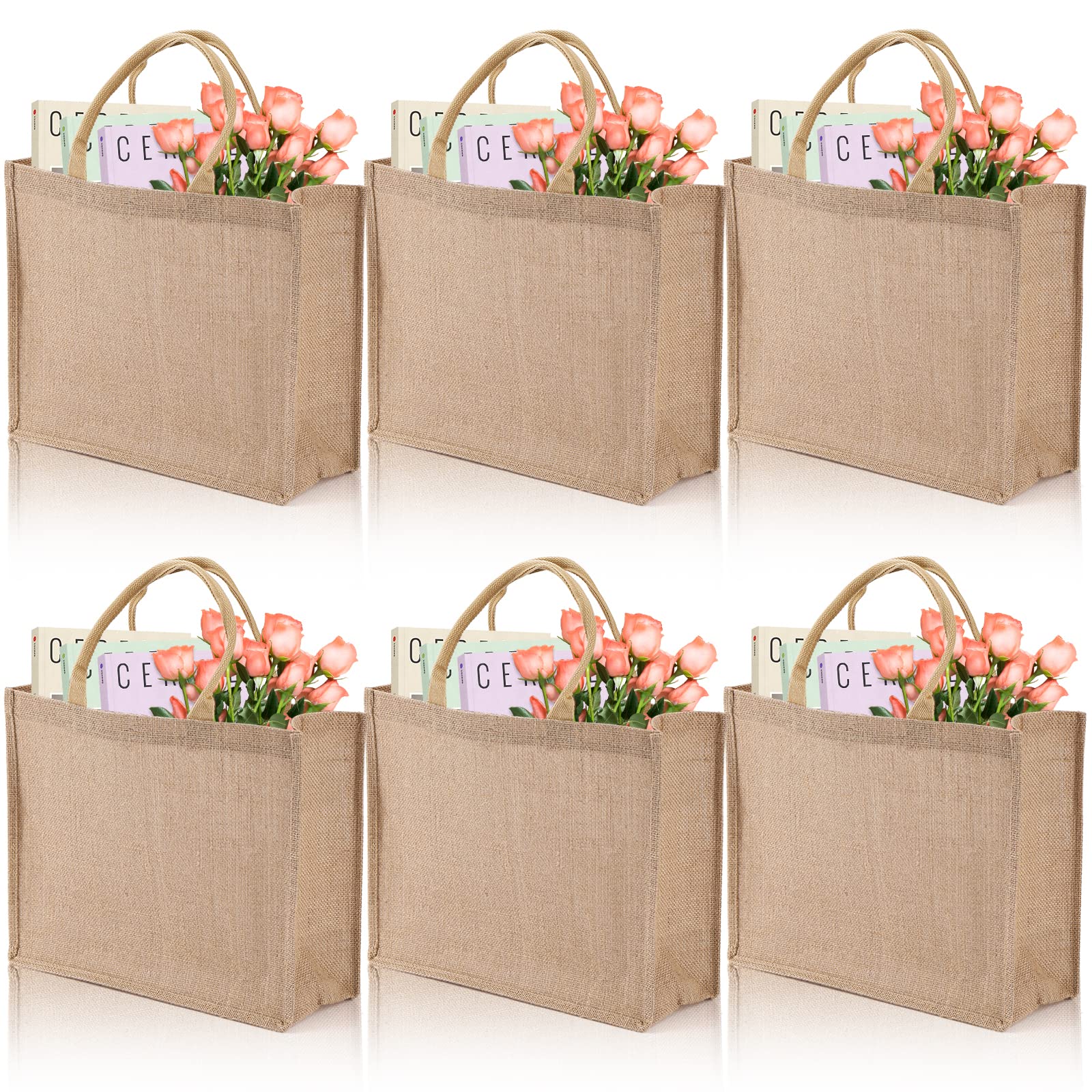 DEAYOU 6 Pack Large Jute Burlap Tote Bag, Jute Beach Bag with Laminated Interior, Burlap Gift Tote with Handle, Reusable Lined Market Grocery Shopping Bag for DIY, Wedding,15.4''x12.2''x5.9''