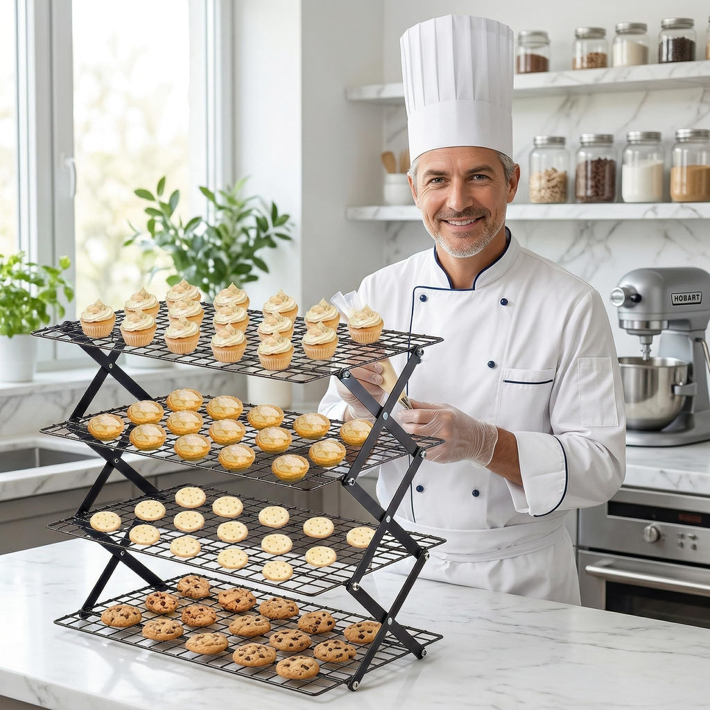 SCDGRW 4-Tier Collapsible Baking Cooling Rack, Small Grid Wire with 3 Adjustable Modes, Non-Stick Heavy Duty Wire Cooling Rack for Roasting, Cooking, Drying
