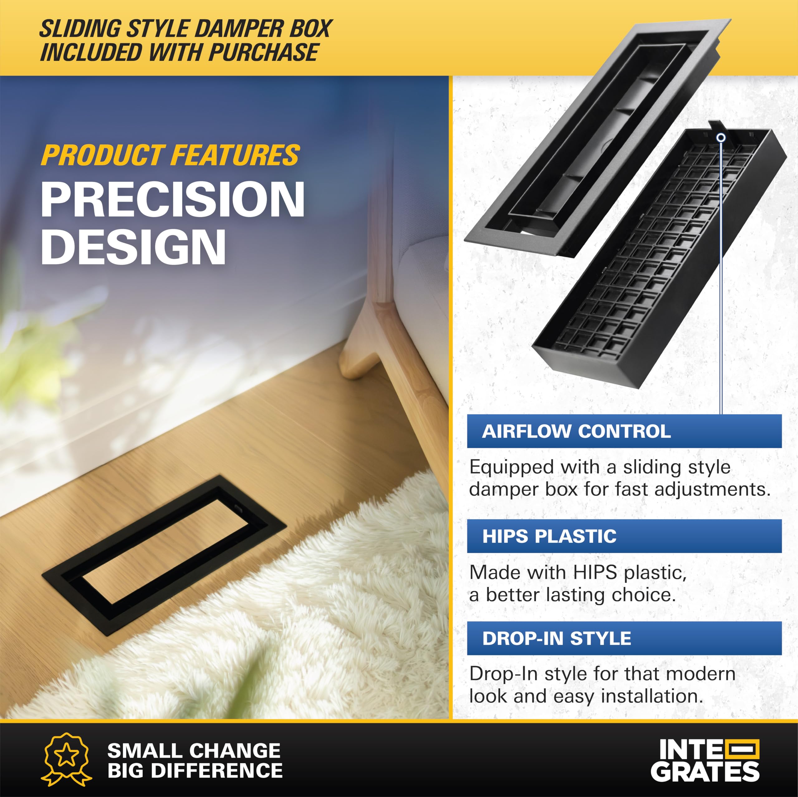 Inte-Grates Drop-In Matching Floor Register - 3x10 Inch Floor Vent Cover, Fits 3"x10" Floor Vent Opening, Matching Flooring Insert Tray, Airflow Control Lever, Textured Black (IGFPD310-BLK)