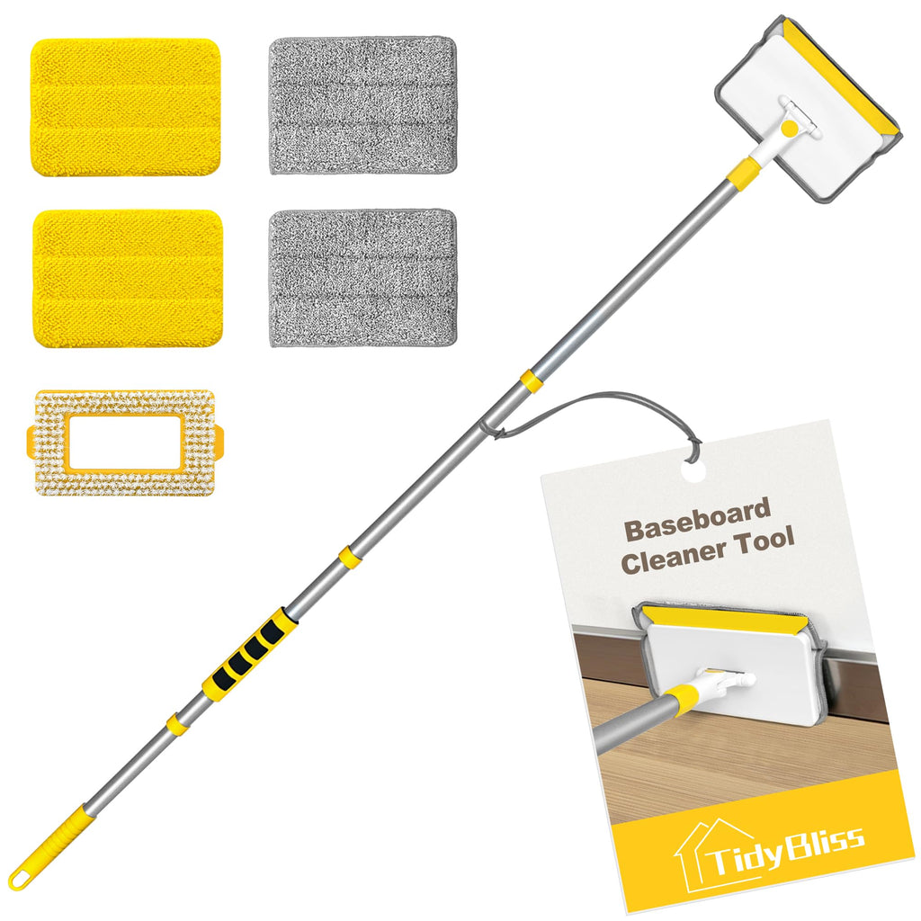 TidyBliss Baseboard Cleaner Tool with Handle, 55.9” Long Wall and Base Board Cleaning Mop, 4 Reusable Pads, 1 Stiff Bristle Scrubber Brush for Floorboard Ceiling Cabinet Window Bathroom (Yellow)