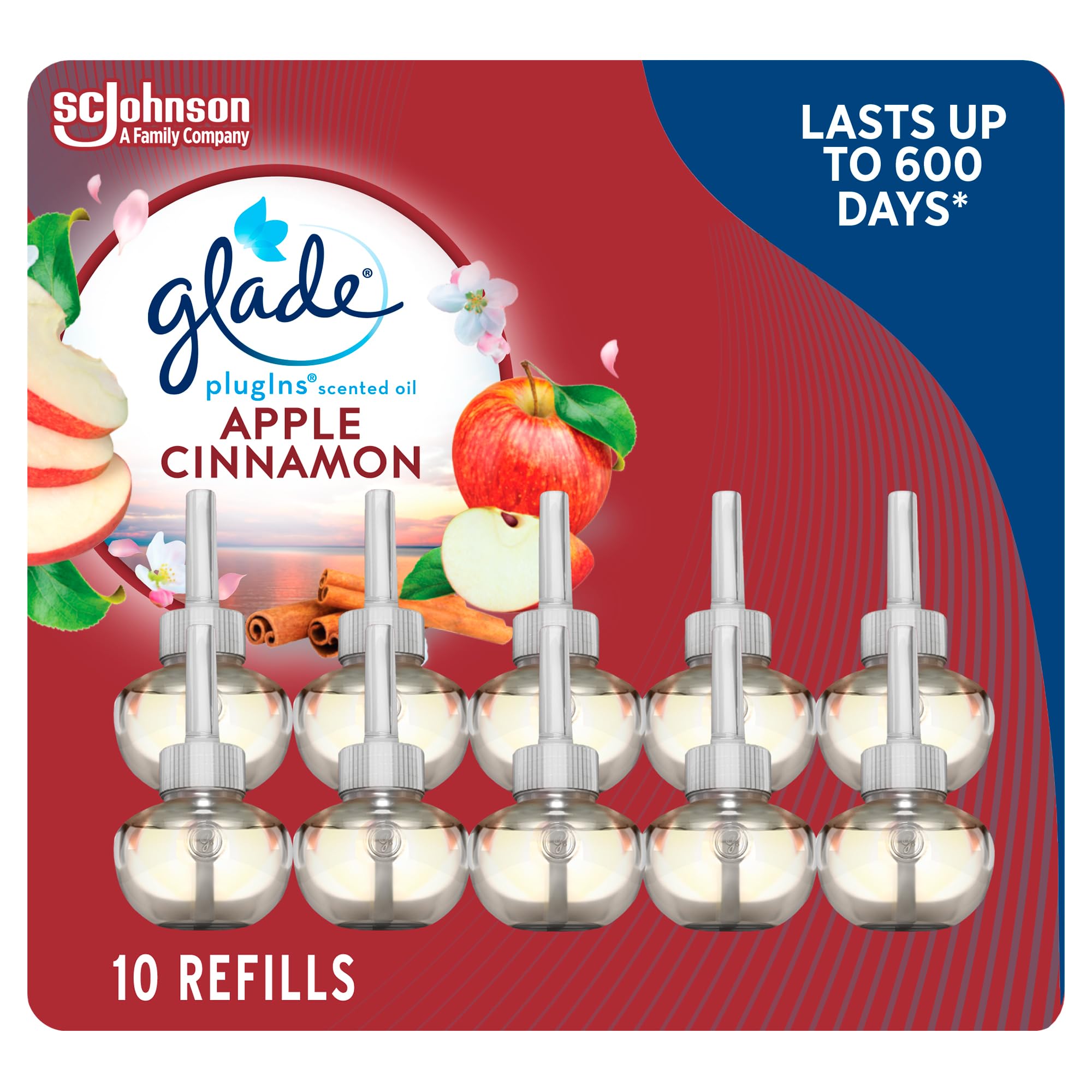 Glade PlugIns Air Freshener Oil Refill, Scented and Essential Oils for Home and Bathroom, Apple Cinnamon, 10 Refills