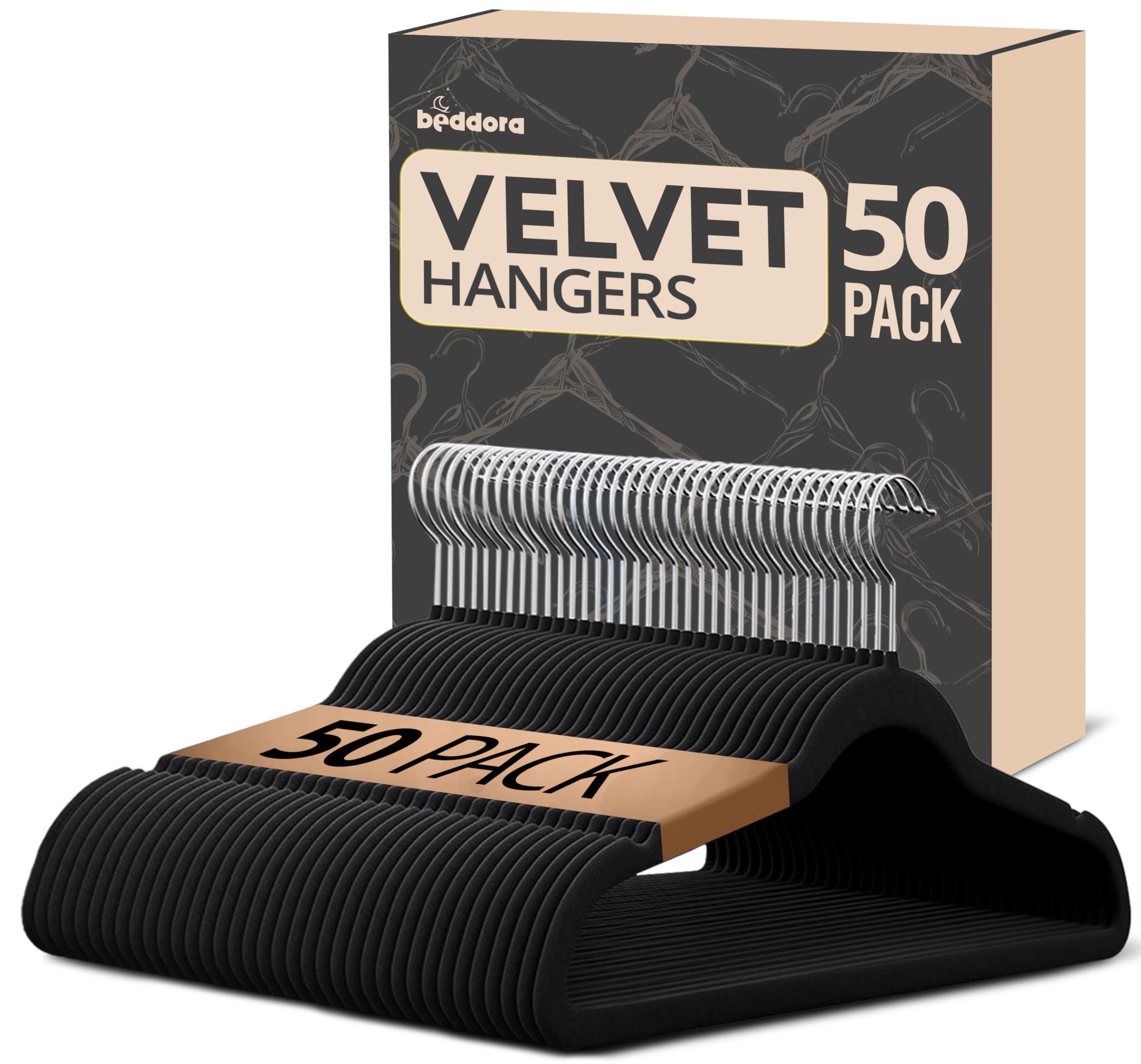 Beddora Black Velvet Hangers 50 Pack,Heavy Duty Coat Hanger for Closet - Felt Hangers for Space Saving Clothes Hanger - Pant Hanger for Shirts, Jackets,Dresses,Suit