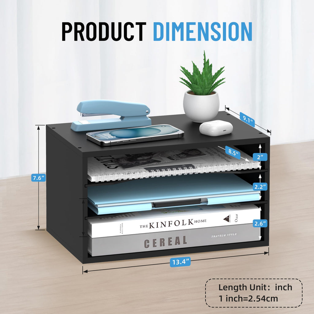 SHARKWOODS Wood Desk Organizer, 3 Tier Paper Sorter for Desktop with Adjustable Storage Shelves, Desktop Mail Holder for Office Home Classroom, Black