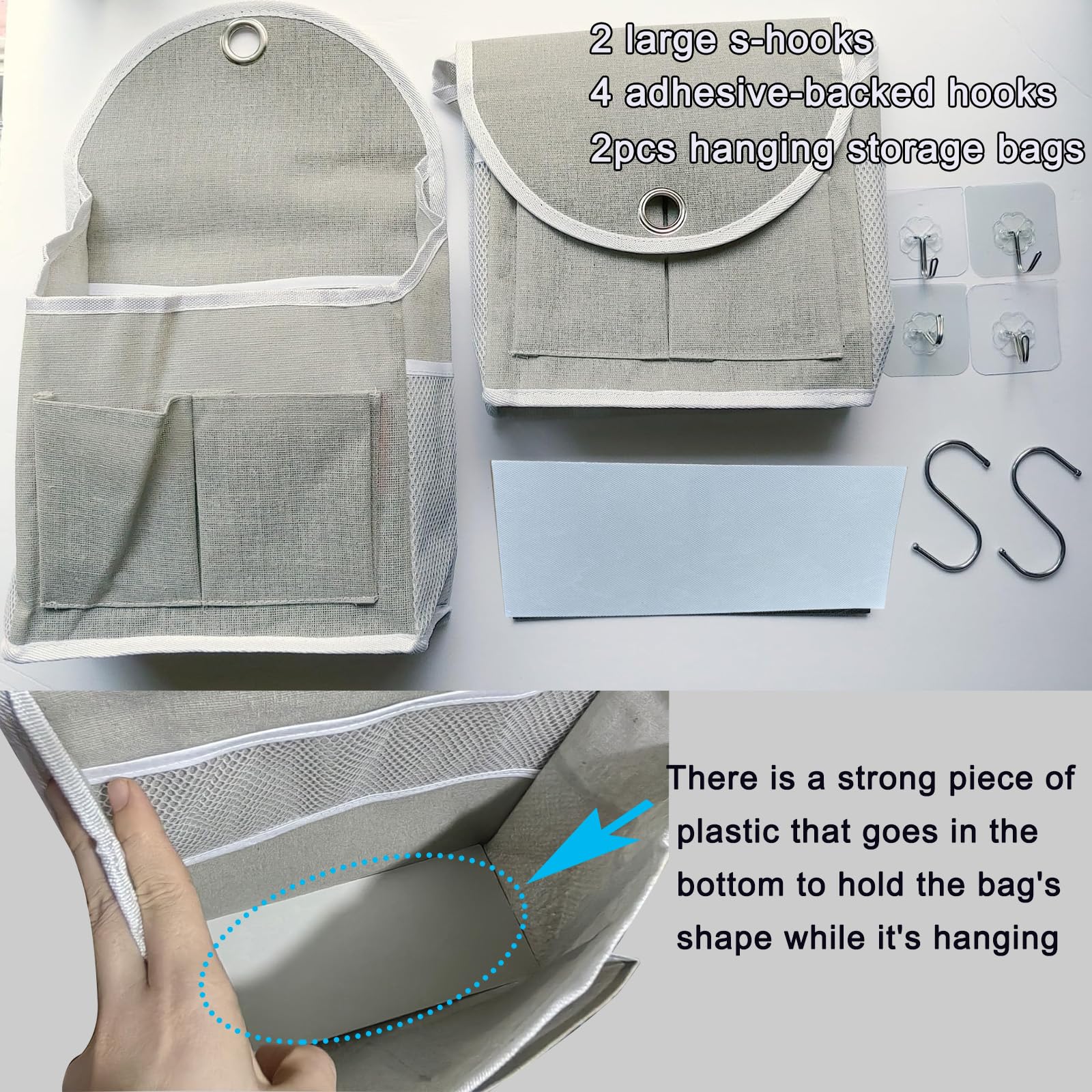 Tneene 2 Pack Wall Hanging Storage Bags, Hanging Pocket Linen Cotton Wall Basket with 4pcs Sticking Hook, Over Door Hanging Closet Organizer Box Containers for Bedroom Bathroom Dormitory (2Pcs Grey)