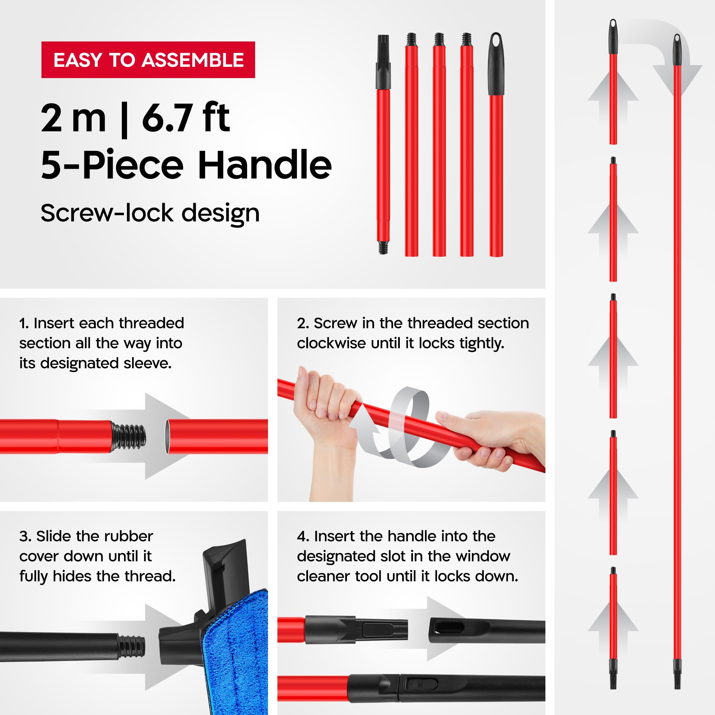 Tyroler 2-in-1 High Window Cleaning Tool | Window Squeegee Extendable with 30-205CM 5 Part Handle | Perfect Window Cleaning & Washing Kit (Black - Rubber)