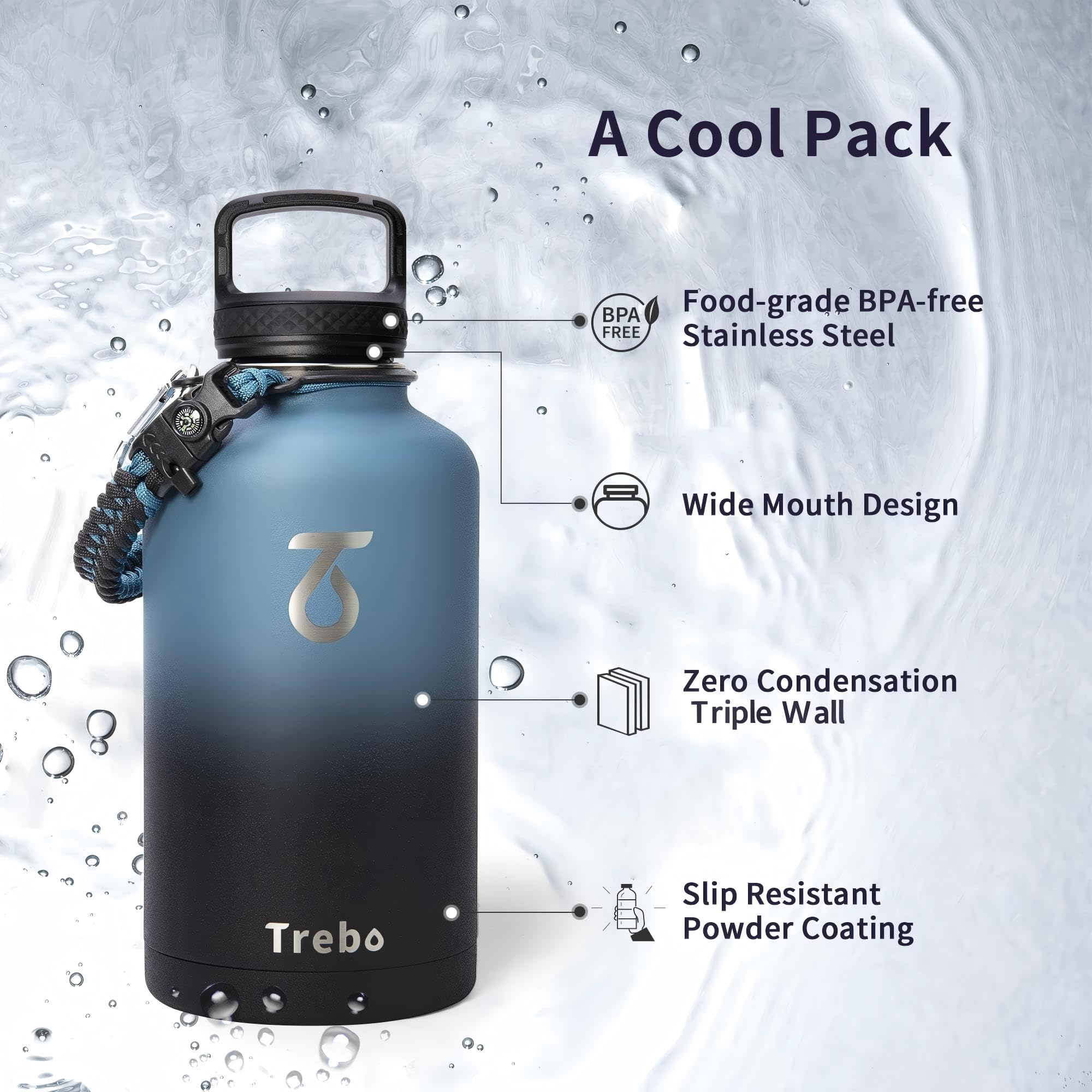 Water Bottle 64oz with Paracord Handle, Trebo Half Gallon Food-Grade Double Wall Vacuum Stainless Steel Insulated Jug with Straw Spout Handle Lids, Leakproof Keep Cold & Hot, Ombre: Indigo/Black