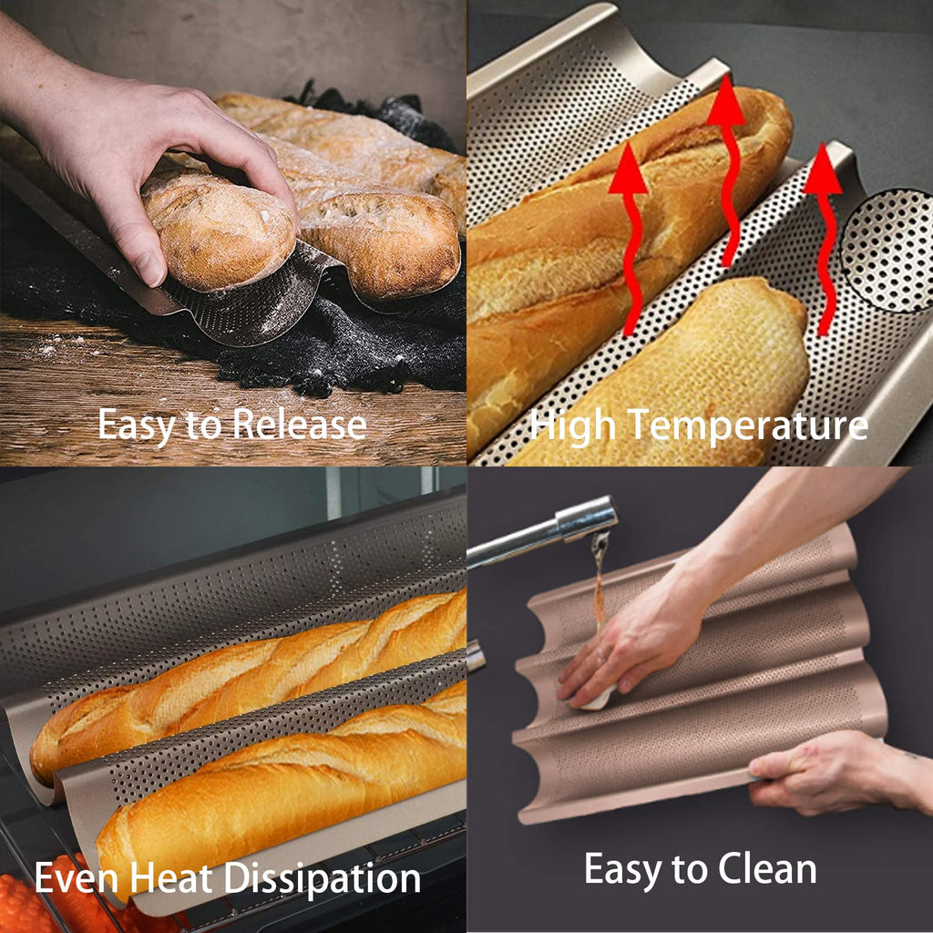 Baguette Pans for Baking 15" x 11", Carbon Steel 3 Loaf Nonstick Baguette Baking Tray for French & Italian Perforated French Bread Pan