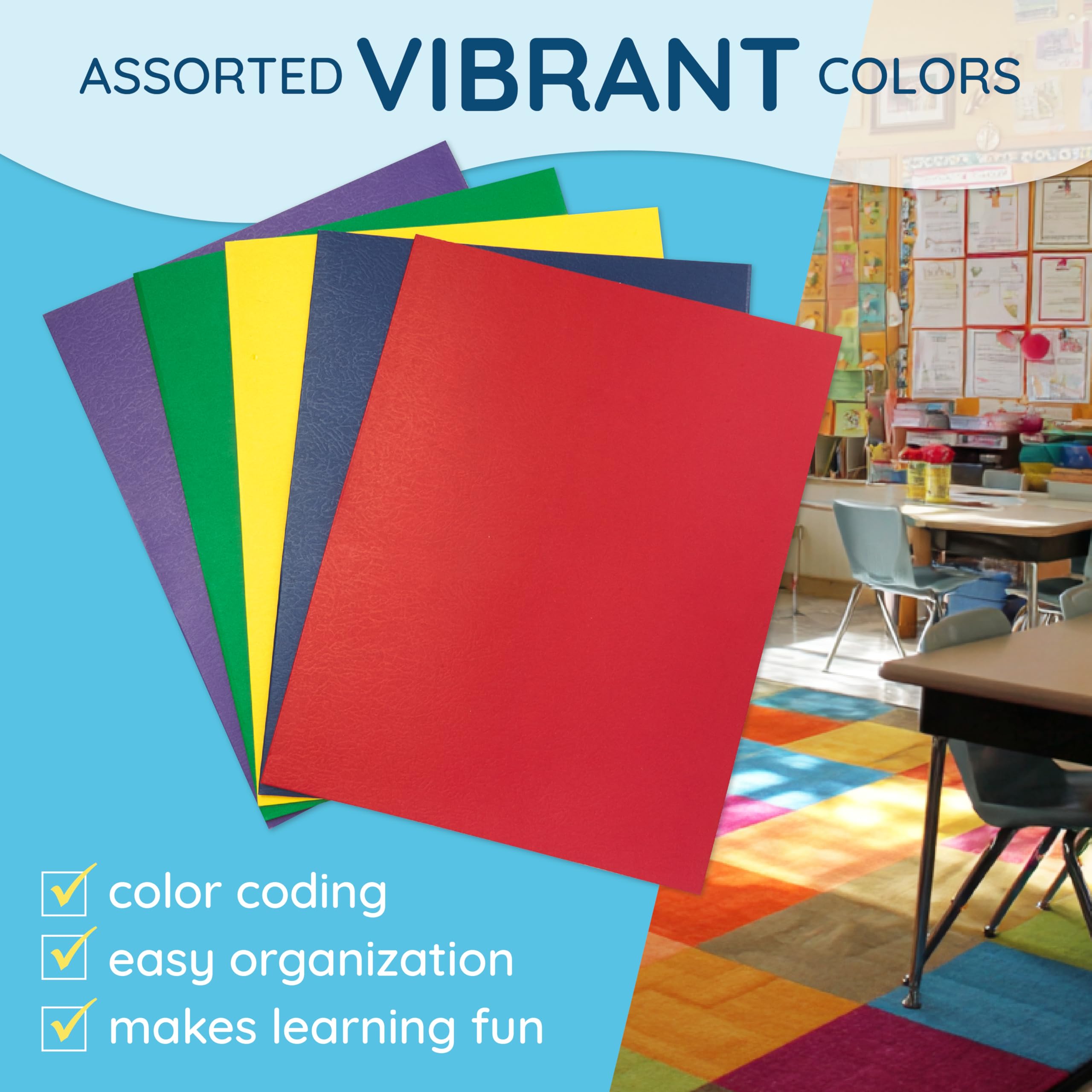 Blue Summit Supplies 50 Two Pocket Folders with Prongs, Designed for Office and Classroom Use, Assorted 5 Colors, 50 Pack Colored 2 Pocket 3 Prong Folders