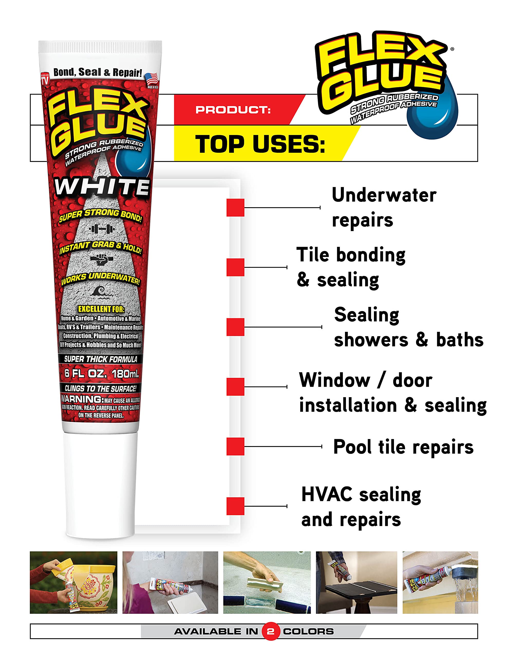 Flex Glue - Strong Waterproof Rubberized Adhesive, Durable, Flexible & Works Underwater, Indoor & Outdoor, Instant Grab & Hold, Construction DIY Automotive All-Purpose Repairs WHITE 6 fl oz. 180 mL