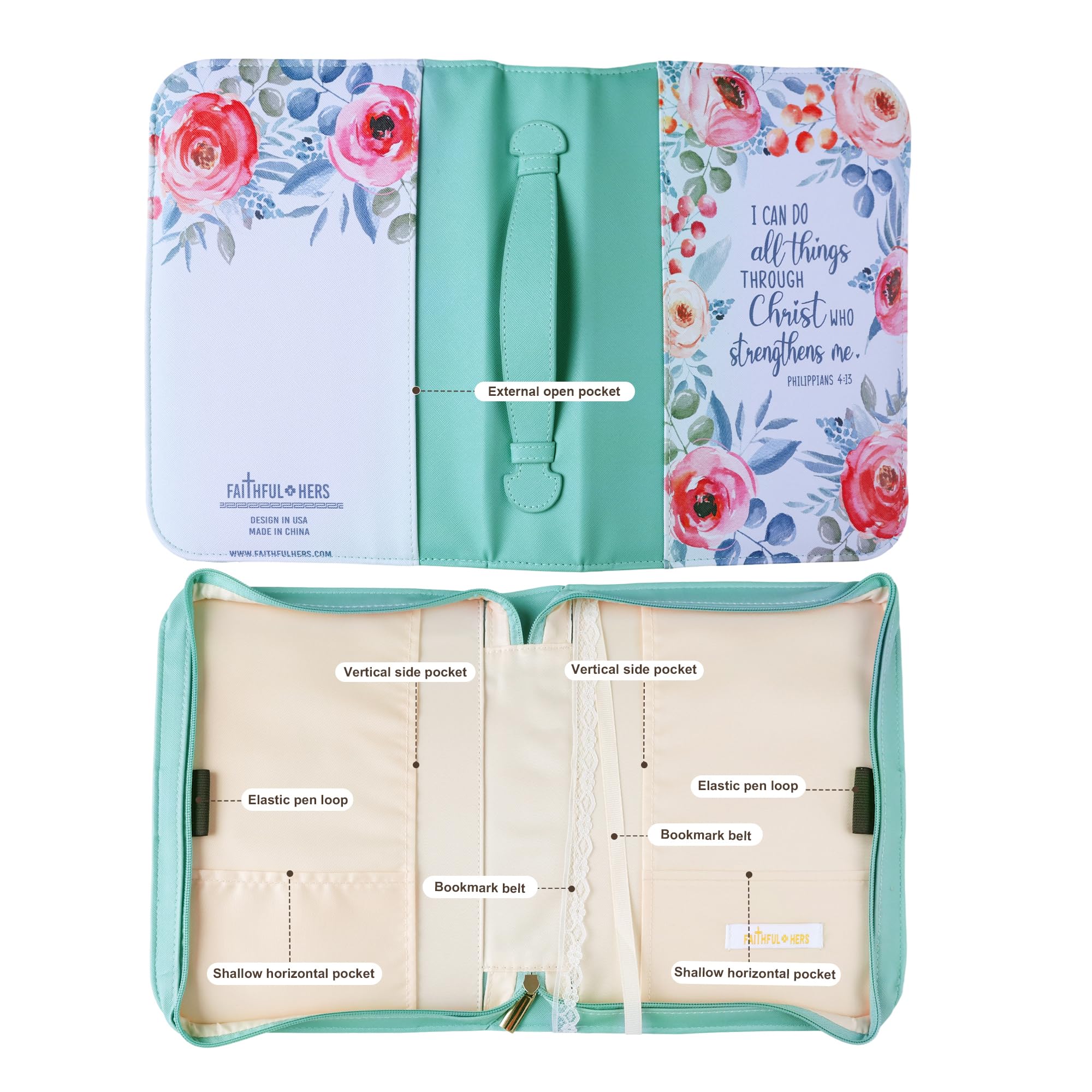 Faithful Hers Bible Covers Case for Women Leather Large Study Bible Carrying Cases Holder 11"x8.2"x2.2" Floral Bible Carrier Tote Bags with Handles Pockets Christian Bible Accessories Gifts