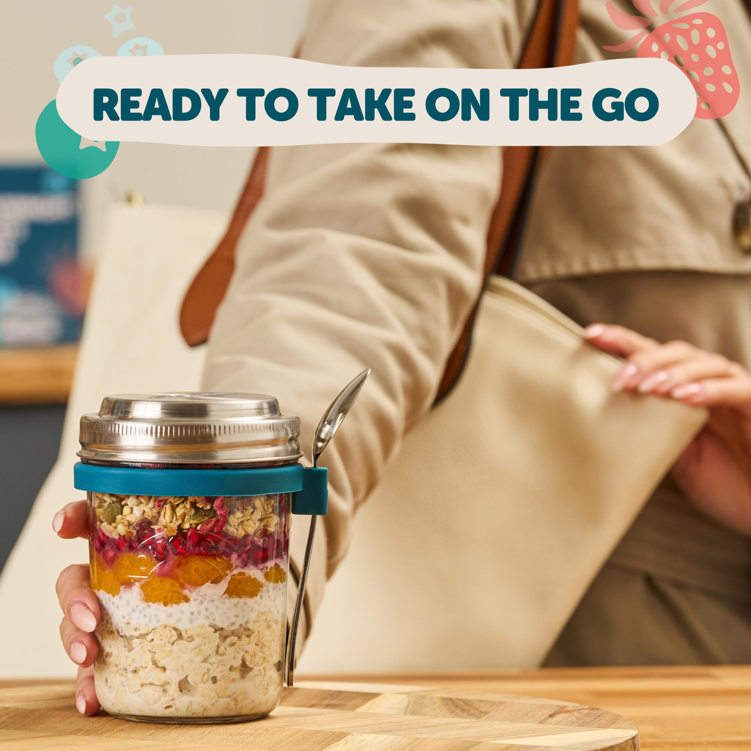 OATOLOGY Glass Overnight Oats Jar Container | Unique Leakproof Stainless Steel Lids, Spoon, Thick Glass | Breakfast Pots Mason Jars for Chia Pudding Granola Yoghurt Porridge Cereal On-the-Go | 4 pack