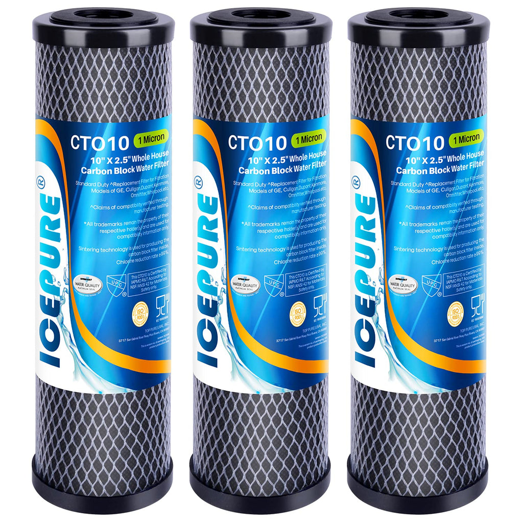 ICEPURE 1 Micron 2.5" x 10" Whole House CTO Carbon Sediment Water Filter Cartridge Compatible with Dupont WFPFC8002, WFPFC9001, SCWH-5, WHCF-WHWC, WHCF-WHWC, FXWTC, CBC-10, RO Unit, Pack of 3