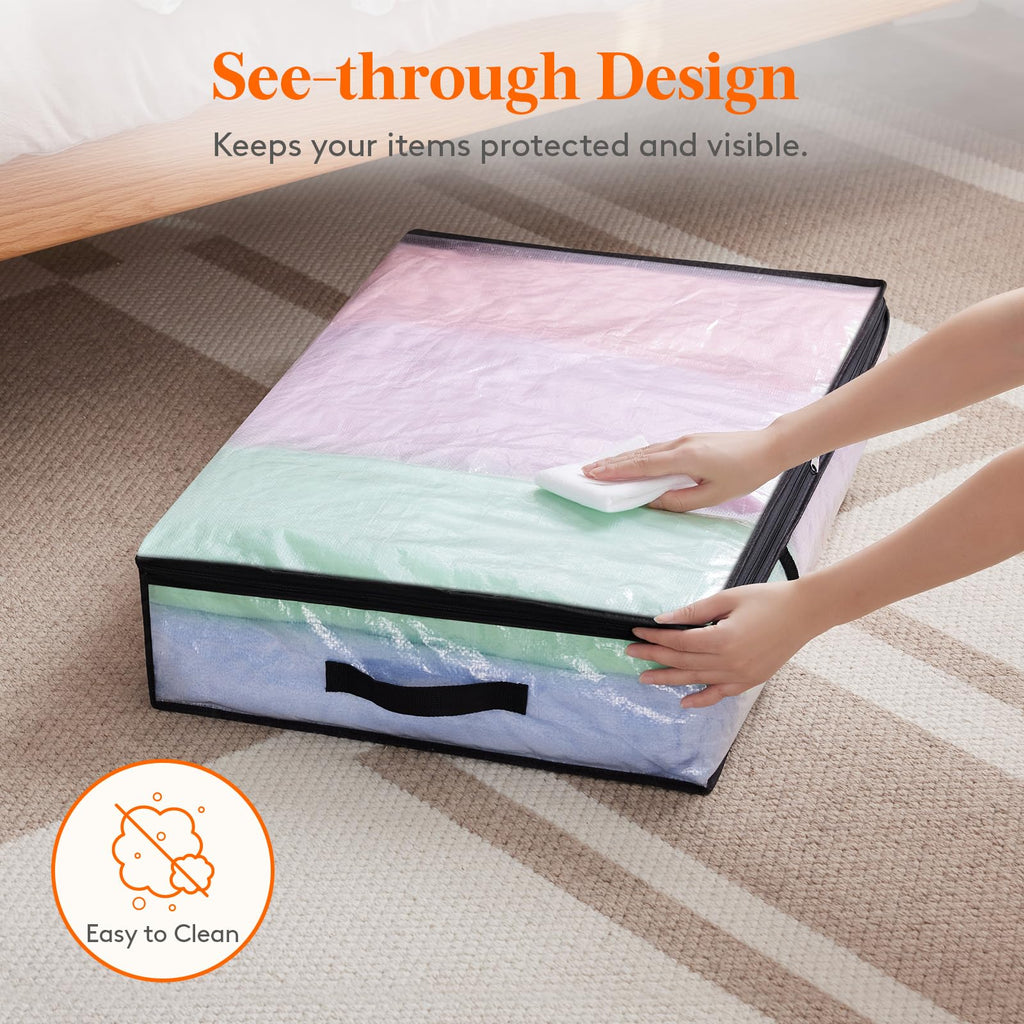 Lifewit 4 Pack Under Bed Storage, Large Clear Plastic Storage Bags, Clothes Storage Boxes Wardrobe Storage Organizer with Reinforced Handle Durable PP Fabric for Bedding Clothes Blanket, 60L