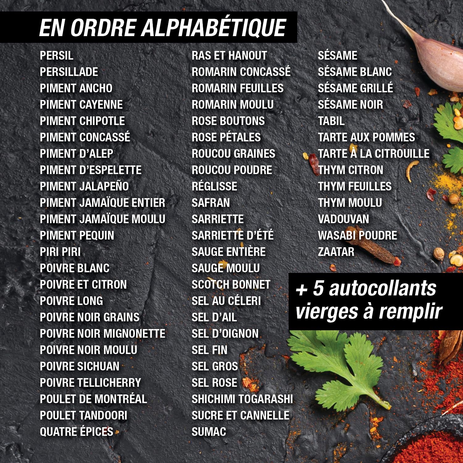 Etiquette epices Francais ; 210 autocollants épices en français ; Etiquette autocollante epice ; résistantes à l'eau et à l'huile 38 mm ; avec autocollants supplémentaires vierges Imprimées au québec
