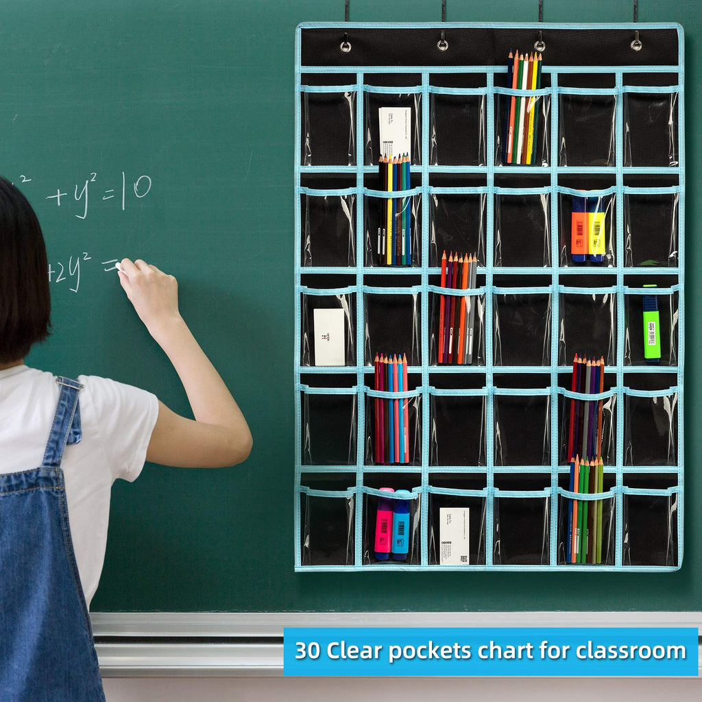 KEEPJOY Classroom Pocket Chart Organizer,Cell Phones Calculator Holder for Classroom with 30 Clear Pockets and Number Sticker Size 33.5x 24.5 Inch (2pack-black)