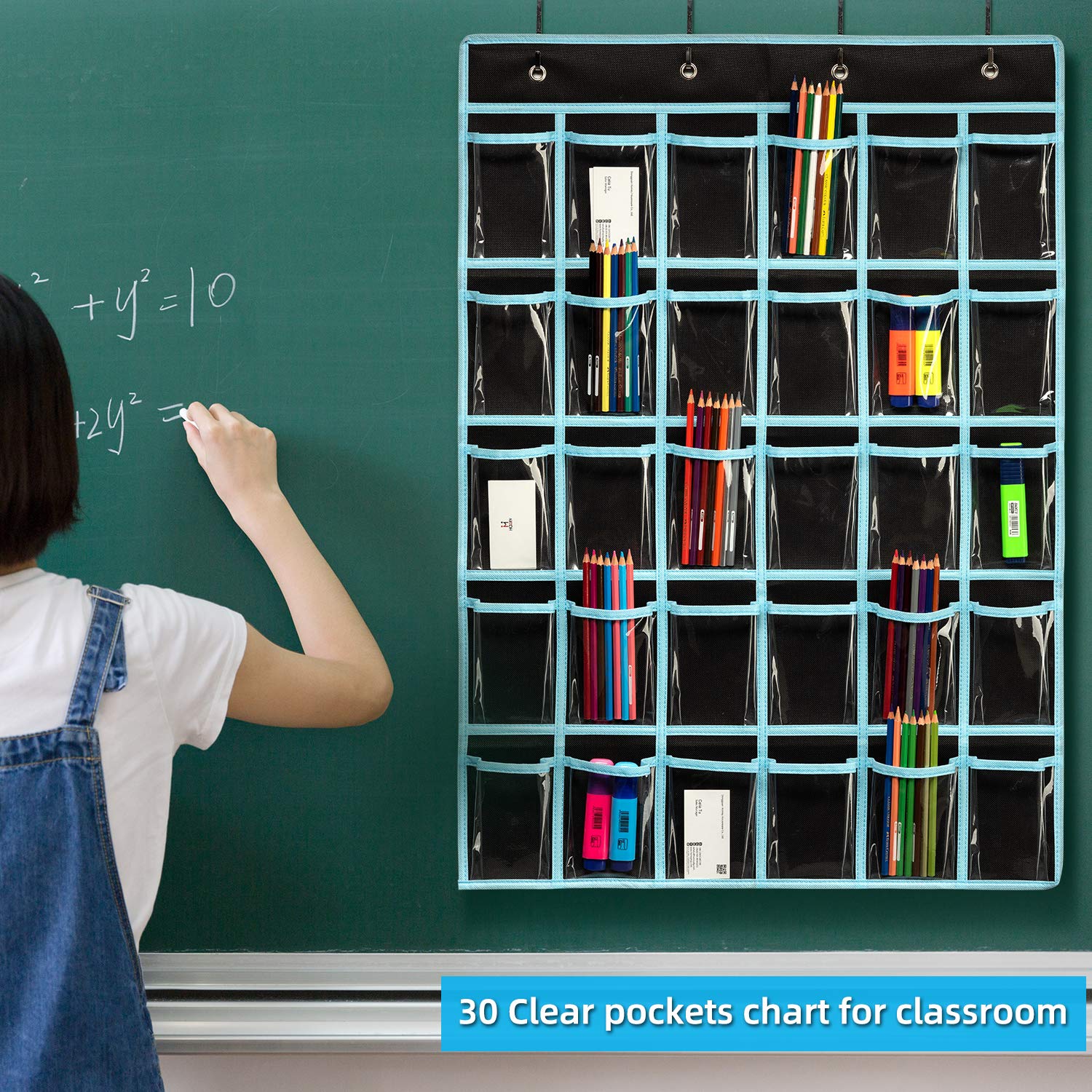 KEEPJOY Classroom Pocket Chart Organizer,Cell Phones Calculator Holder for Classroom with 30 Clear Pockets and Number Sticker Size 33.5x 24.5 Inch (2pack-black)
