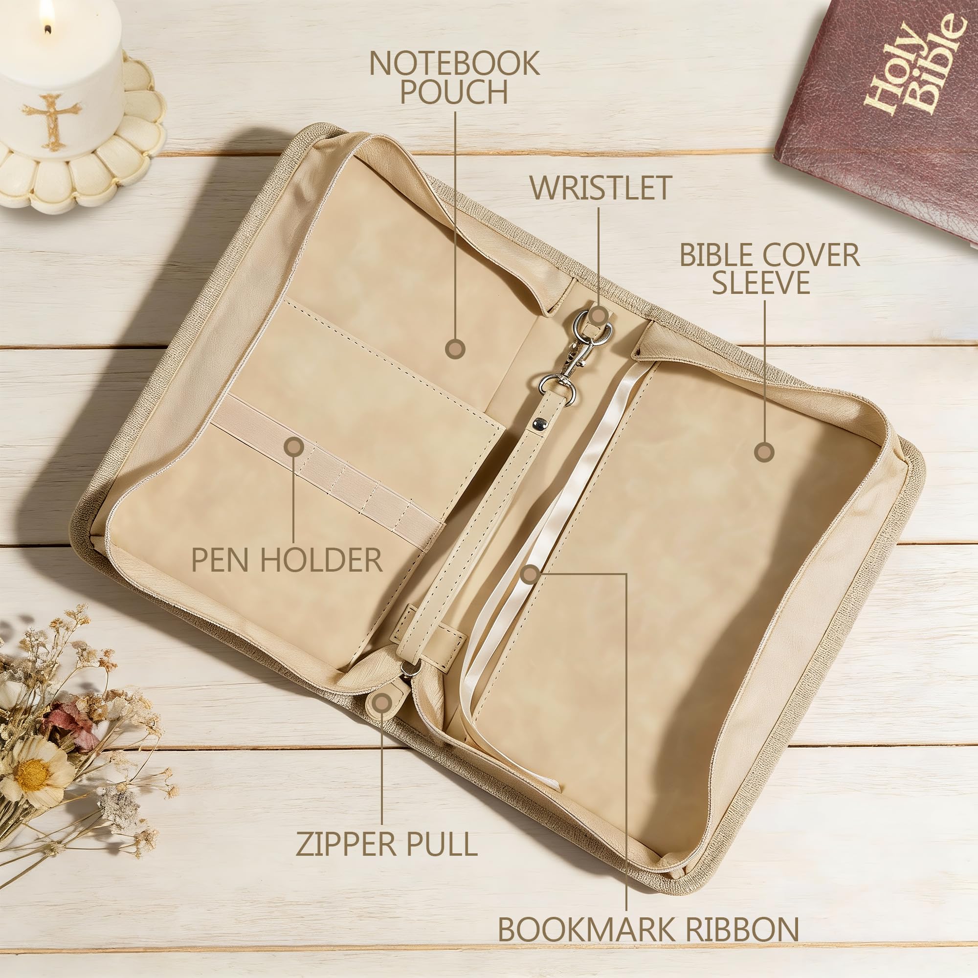 LISWIT Mother's Day Gift Bible Cover for Women, Large Bible Case - Durable PU Leather Carrying Bag Sleeve, Christian Gifts for Women, Girls, Teens (Beige/Gold)