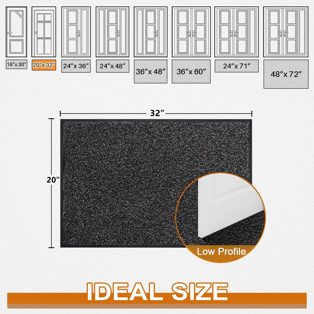 Mibao Front Door Mat, Dirt Trapper Welcome Mat for Outdoor Indoor, Non-Slip Waterproof Doormat, Durable Machine Washable Low Profile Entry Rug for Back Door Outside Patio Porch, 32" x 20", Black