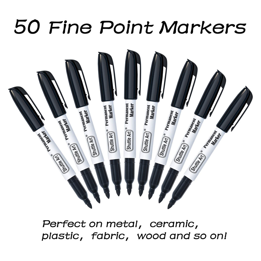 Shuttle Art Permanent Markers, 50 Pack Black Permanent Marker set,Fine Point, Works on Plastic,Wood,Stone,Metal and Glass for Doodling, Marking