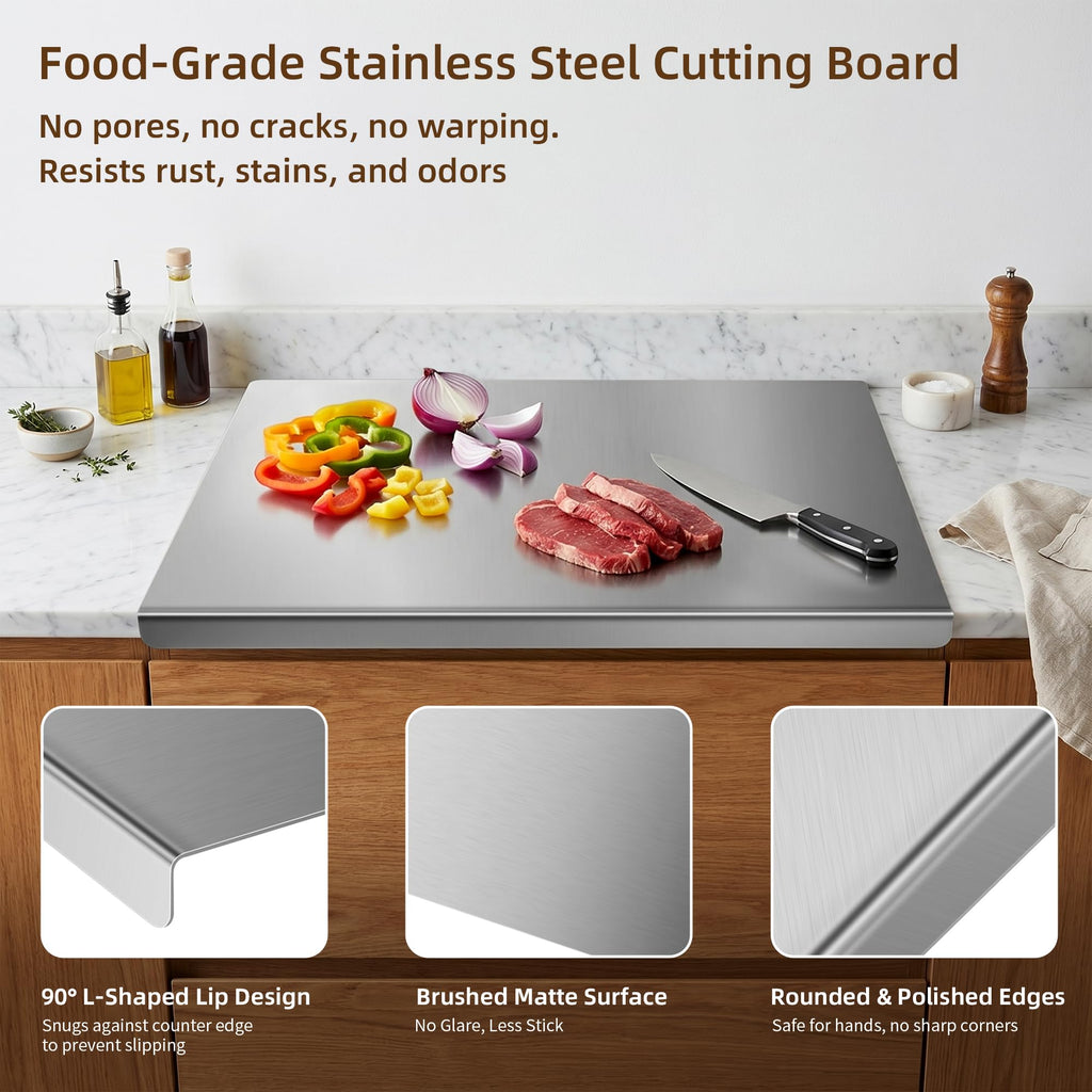 TJ POP Stainless Steel Cutting Board with Lip, 16 x 12 Inches Kitchen Chopping Board for Countertop, Double-Sided Food-Grade Metal Cutting Board, L-Shaped Edge Chopping Mat for Kitchen Prep & Baking