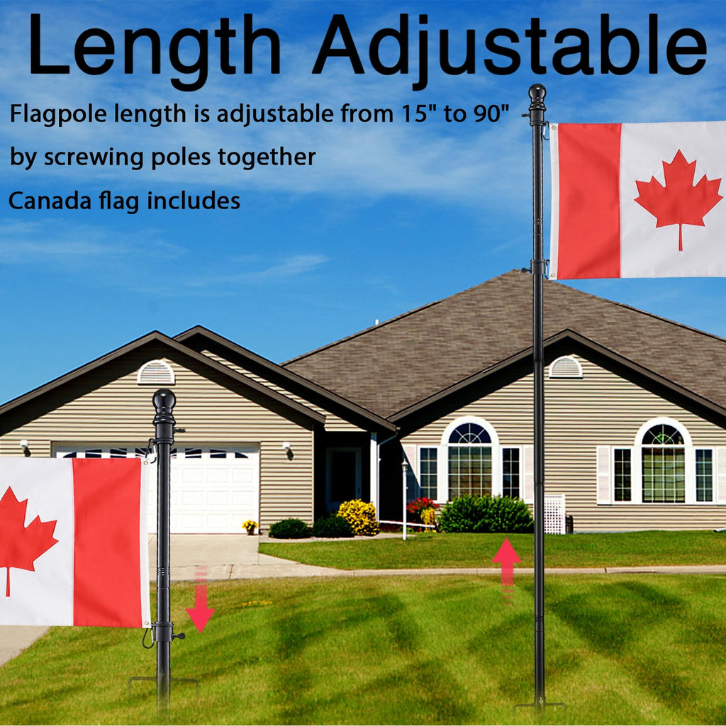 Ground Flag Poles for Outside House inground, 80 inch Black Heavy Duty Flag Pole Kit with 3x5ft Canada Flag, 2 Pronges Base and Tangle Free Flagpole Rings for Outdoor
