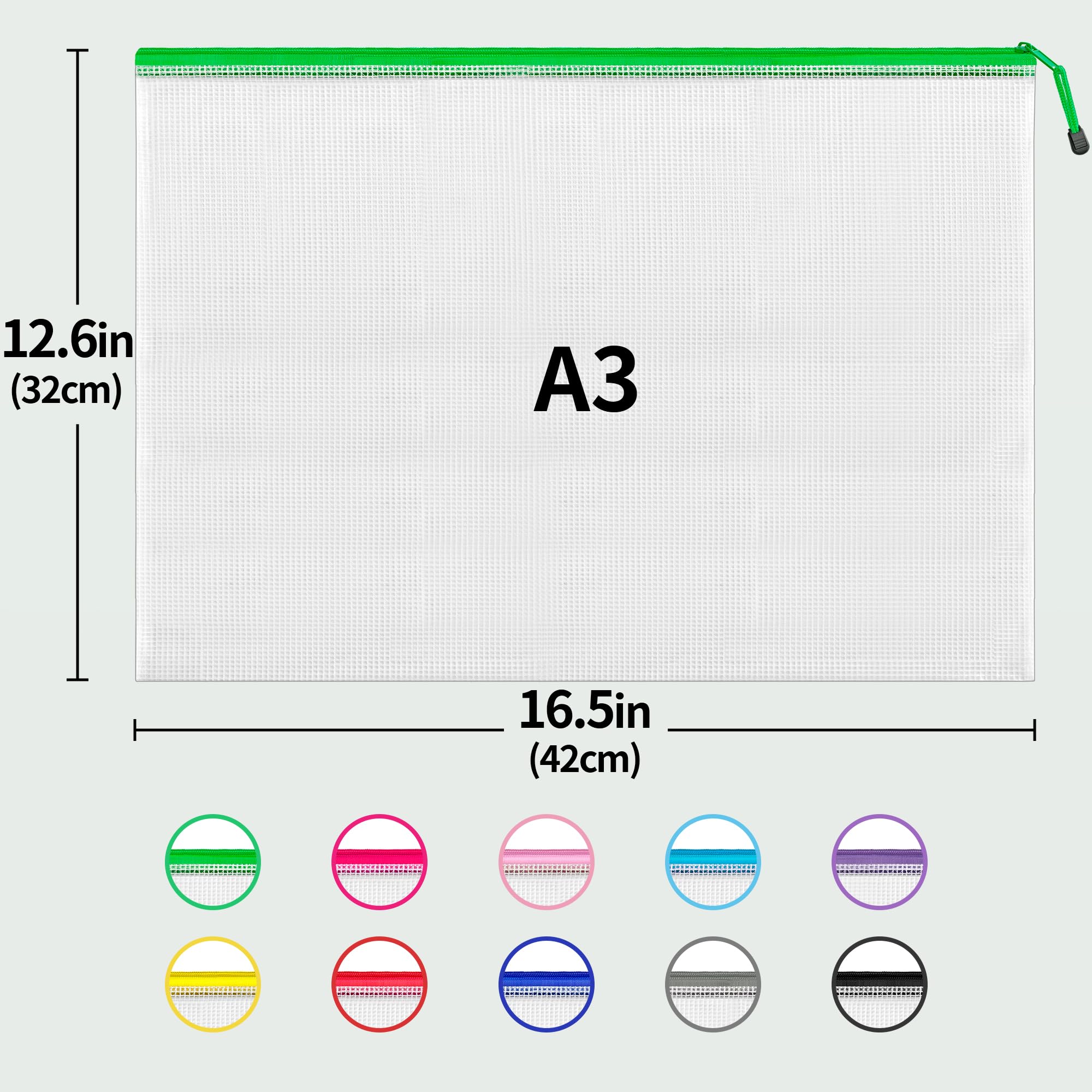 JARLINK A3 (16.9x12.4 in, 24 Pcs) Mesh Zipper Pouch, 12 Colors Extra Large Zipper Bags, Waterproof File Pouches for Office Supplies, Puzzles, Board Game, School, Travel Accessories & Craft Projects