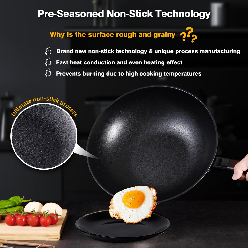 Teewe Carbon Steel Wok -13 Inch Woks & Stir-Fry Pans Nonstick, Wok Pan with Lid Spatula and Dish Brush: Pre-Seasoned Flat Bottom Chinese Wok for Induction, Electric, Gas, All Stoves