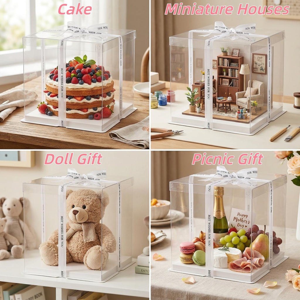 Cididu 6 Pcs Clear Cake Box with Ribbon 2-Layer 10x10x10 Inch, Transparent Cake Carrier Box with Lids, PET Tall Cake Packaging Boxes, Clear Gift Boxes for Birthday, Wedding and Festival Party